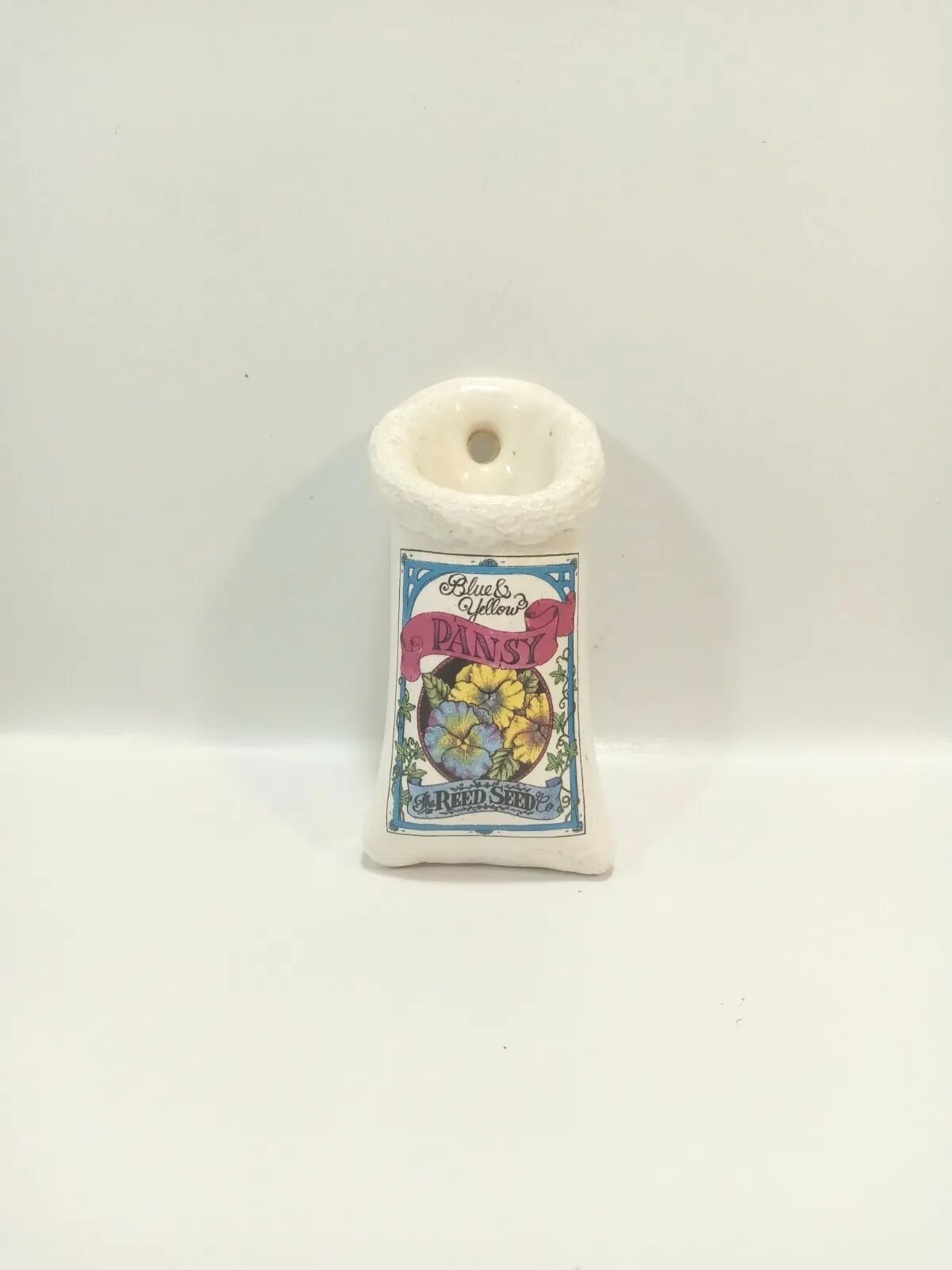 Miniature Ceramic Wall Pocket with Pansy/Reed Seeds & Flower Design 