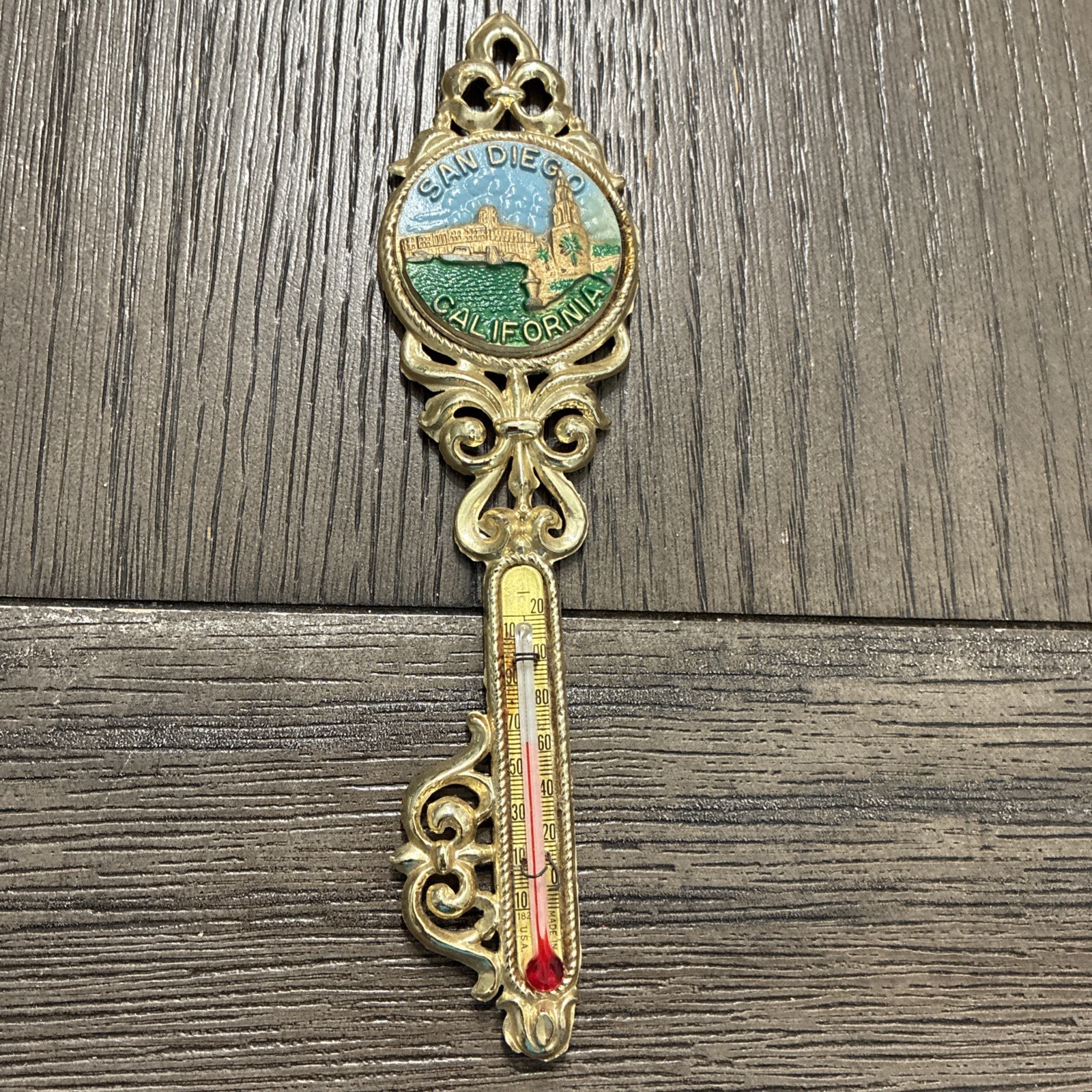 Vintage San Diego California Brass Thermometer. Non Working. 6”. Key Shaped