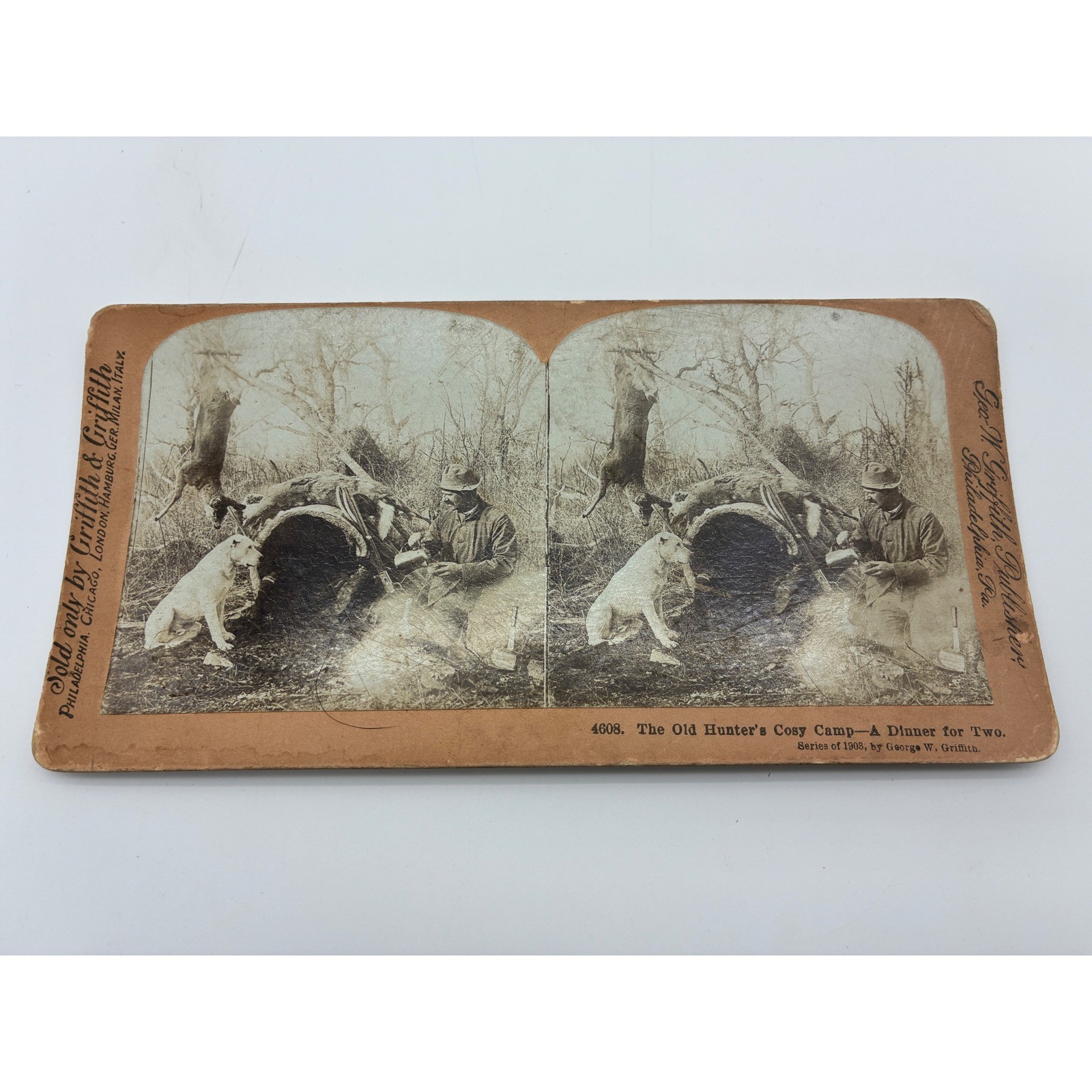 Vintage 1908 Stereoview Card The Old Hunter's Cosy Camp George W Griffith 4608