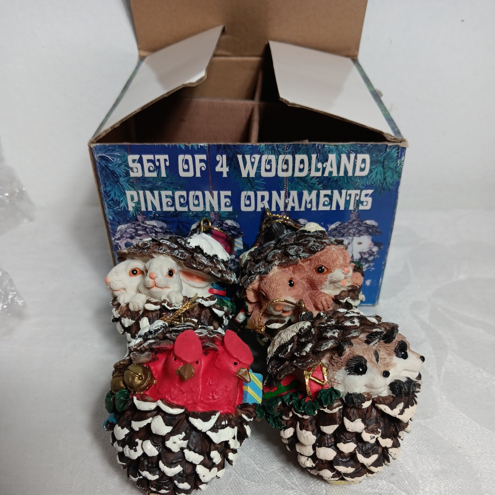 Woodland Pinecone Ornaments Christmas 4 Piece Set Critters original box 