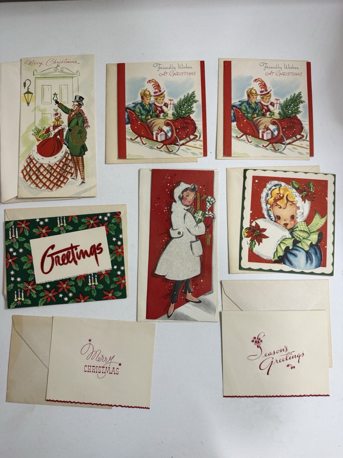 Vintage 1950s Christmas Greeting Cards Lot of 8 w Envelopes Flocked Glitter MCM