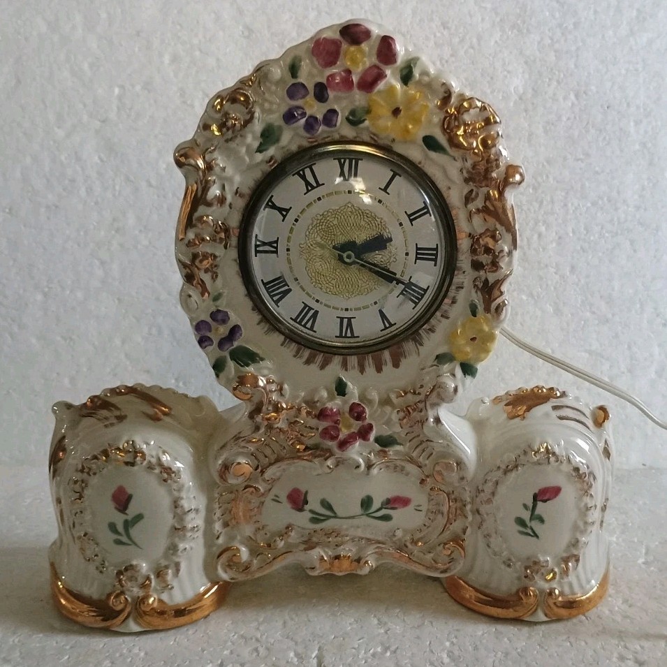 Vintage Ceramic Porcelain Mantel Clock Lanshire Movement Floral 22k Gold Working