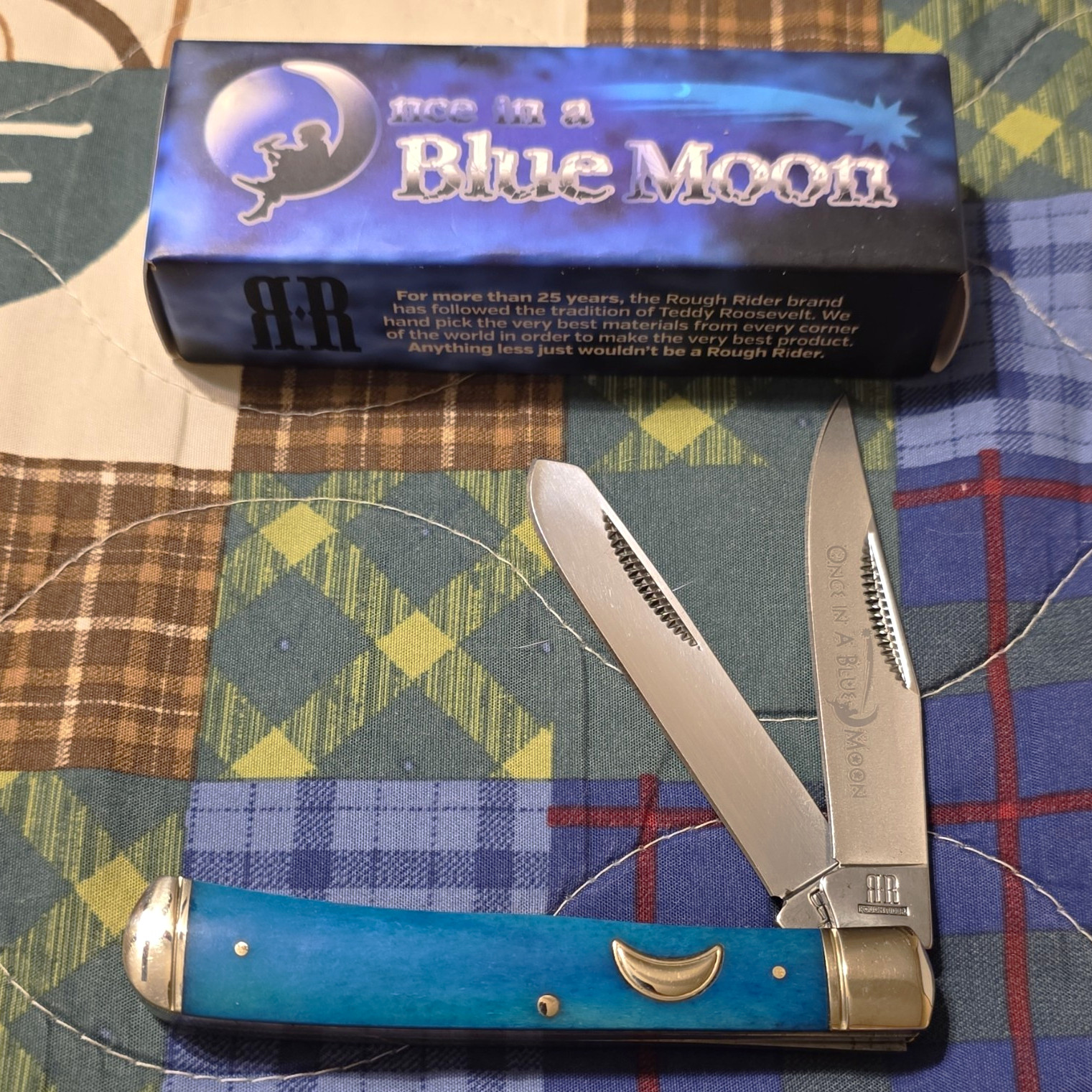 Rough Rider Blue Moon RR1194 2-Blade Blue Bone Handle SS Clip/Pen Slip