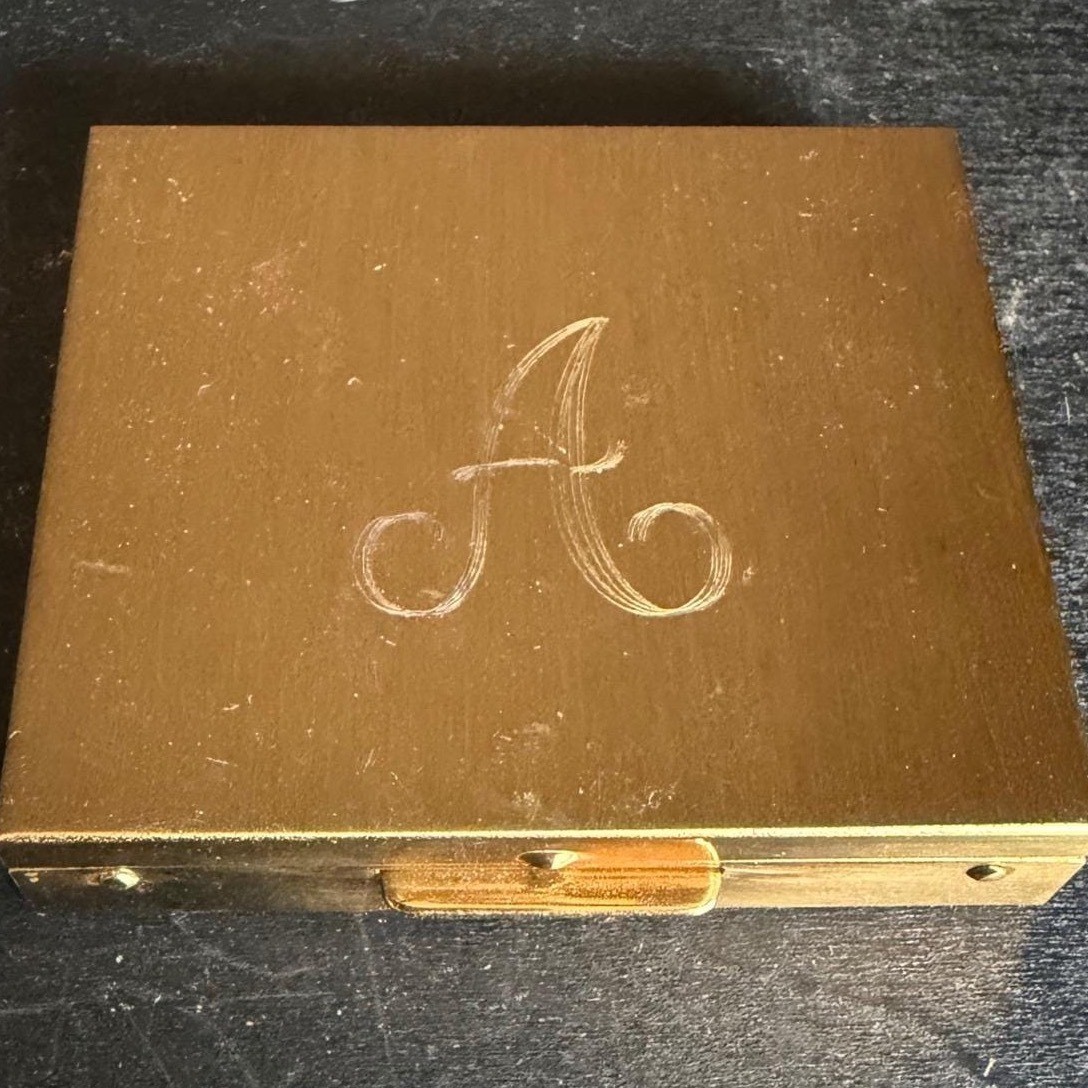 Vintage Gold Tone Monogram A Square Compact Case Sunburst Interior 3 Inch