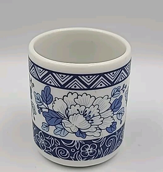Vintage Porcelain Toothpick Match Holder Floral Blue White Art Pottery Sake Cup
