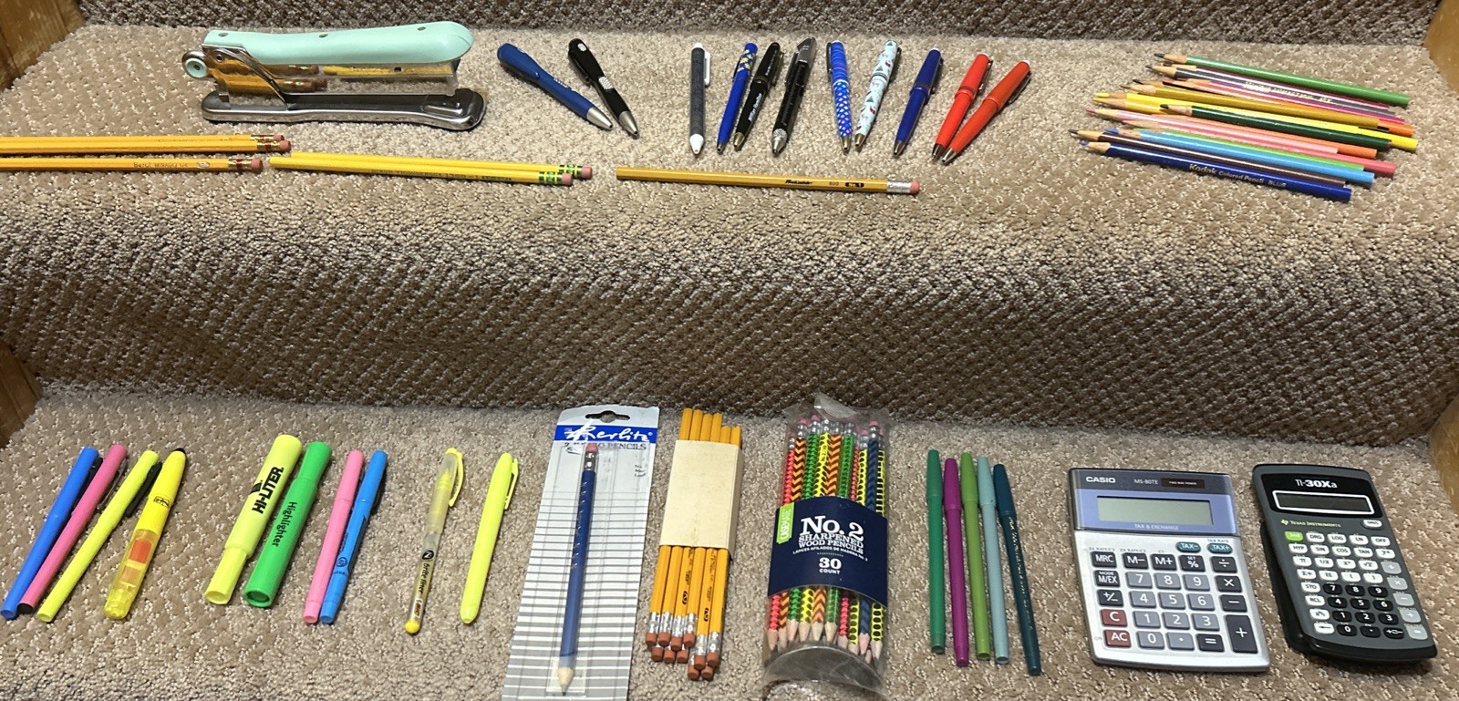 VTG OFFICE SUPPLIES LOT Pencils, Hi-liter, Pens, Mint Ace stapler,  Calculator