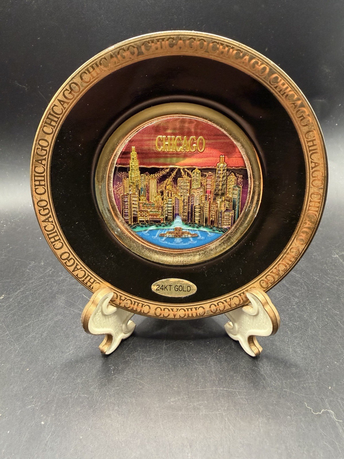 Vintage Art of Chokin Chicago Skyline Ceramic Plate 24K Gold Trim Japan 
