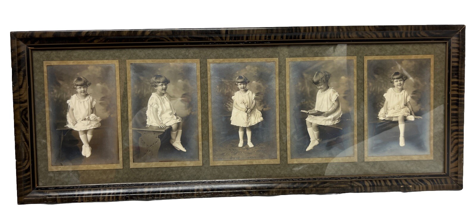 Antique Montage of Photos Of Beautiful Little Girl In Antique Wooden Frame