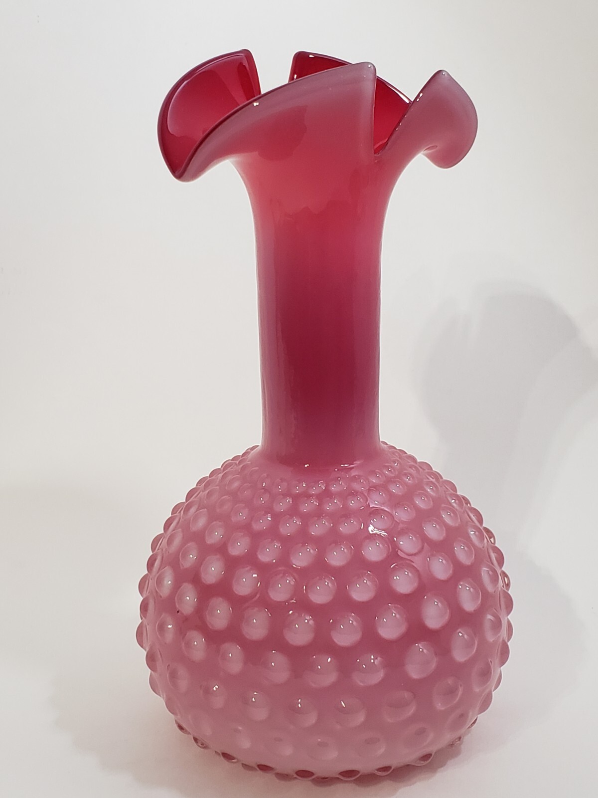 VTG Cranberry Vase  Empoli Italian Art Glass Hand Blown Cased Frosted Hobnail