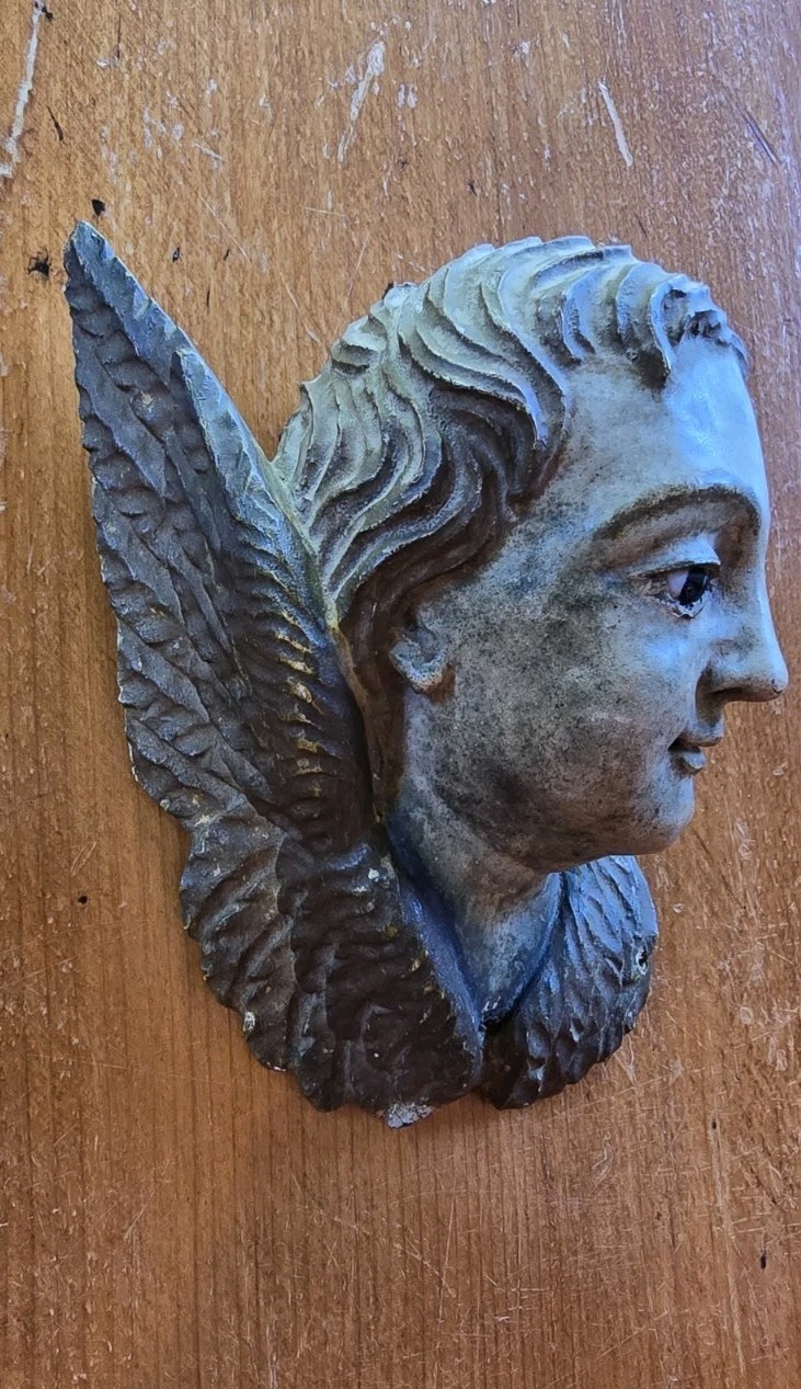 Antique Spanish Baroque Style Carved Wood Polychrome Winged Putto Cherub Angel 