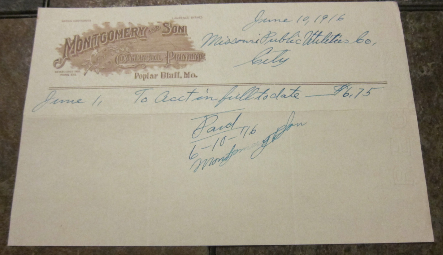 1916 Billhead Letterhead Montgomery and Son Commercial Printing Poplar Bluff MO
