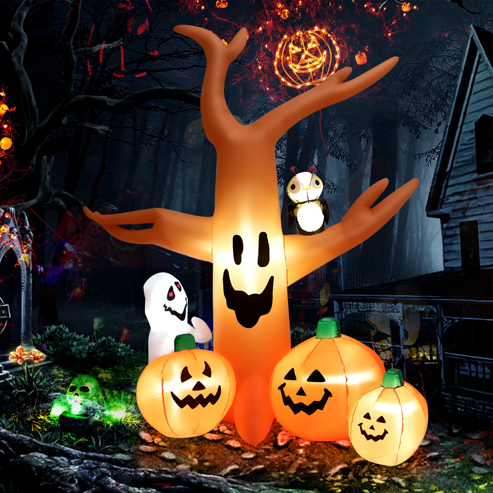 8 FT Halloween Inflatable Dead Tree with Pumpkins Blow up Yard Decoration
