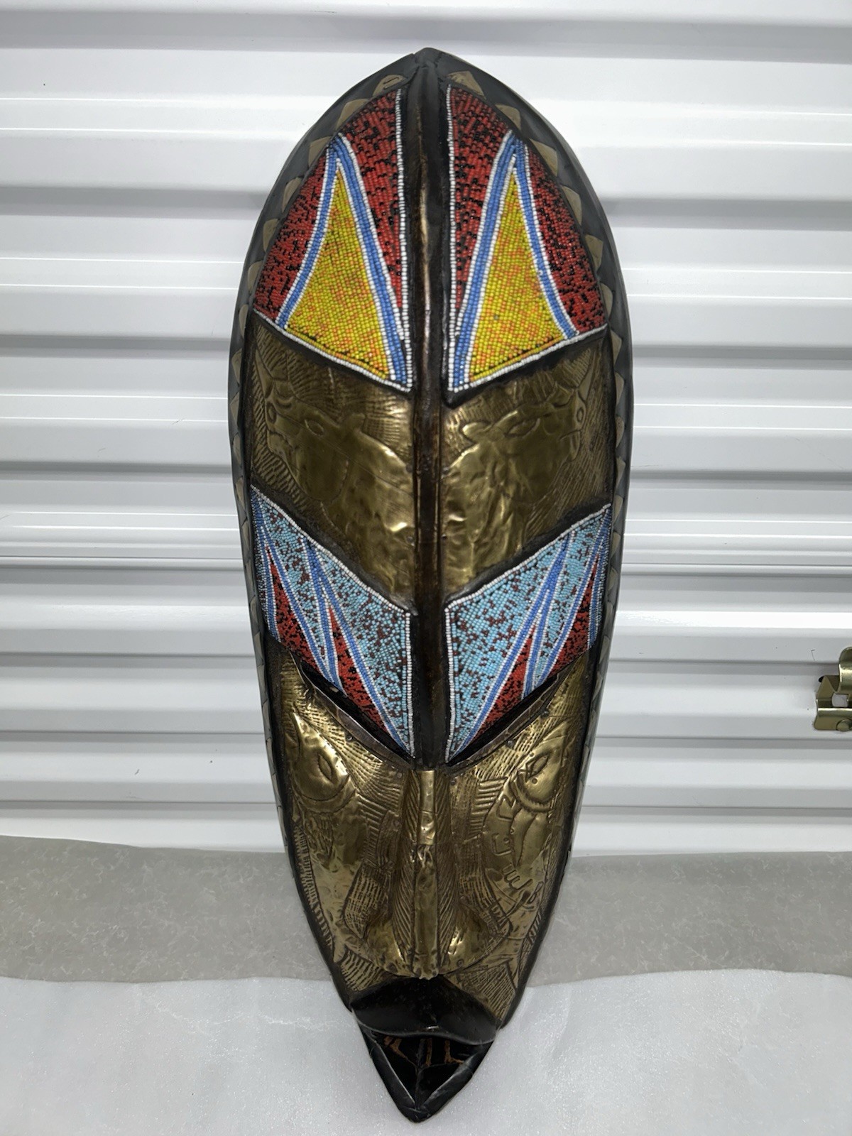 27” African Dan Mask Metal Inlay Glass Seed Beads Wall Decor