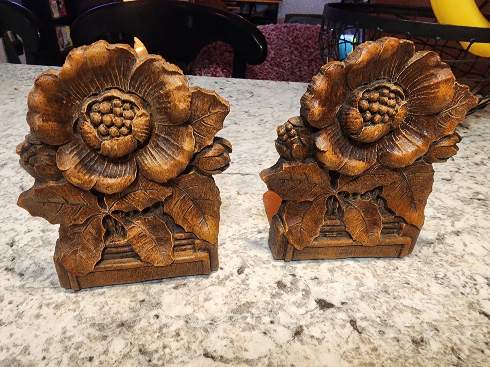 SYROCO Mid Century Faux Wood Floral Bookend PAIR MCM Vintage 
