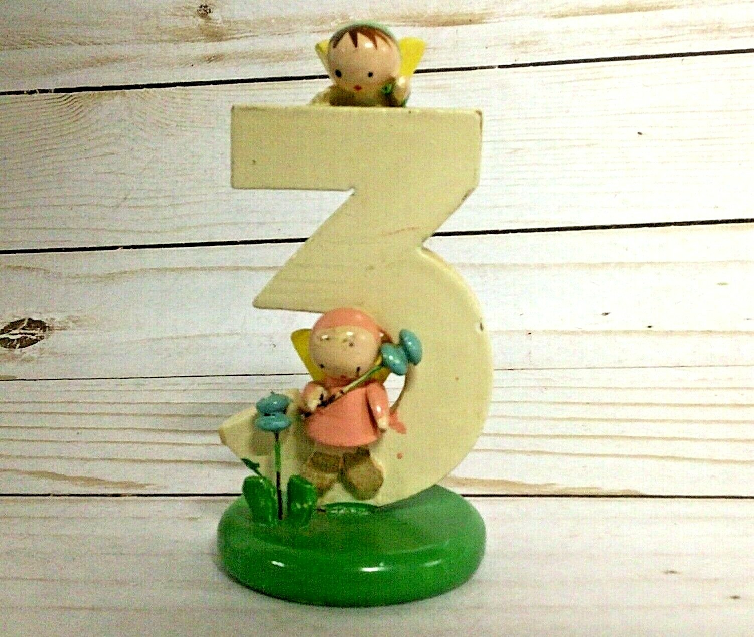 Vintage Birthday Cake Figurine 3 Years Old Wood Angels Flower Erzgebirge Germany