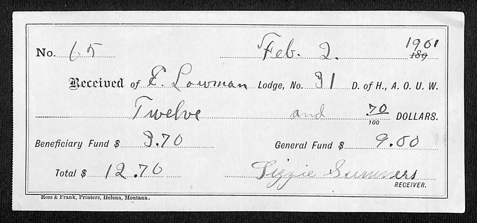 1901 AOUW (Ancient Order of United Workmen) Dues Receipt (Montana ?)