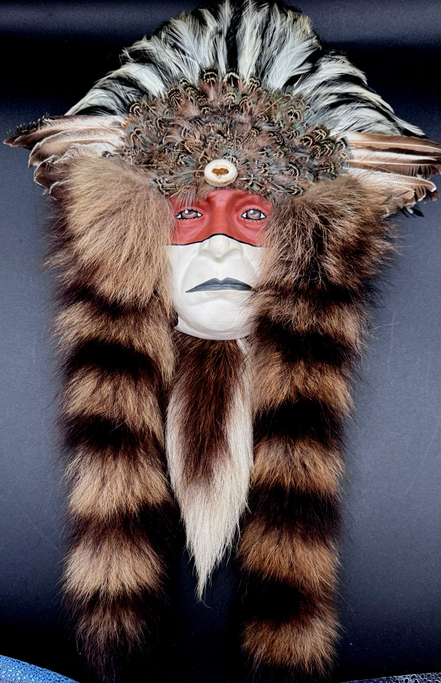STUNNING Native American Indian Chief Warrior Face Head Mask Fur Vtg Wall Art STUNNING Native American Indian Chief Warrior Face Head Mask Fur Vtg Wall Art