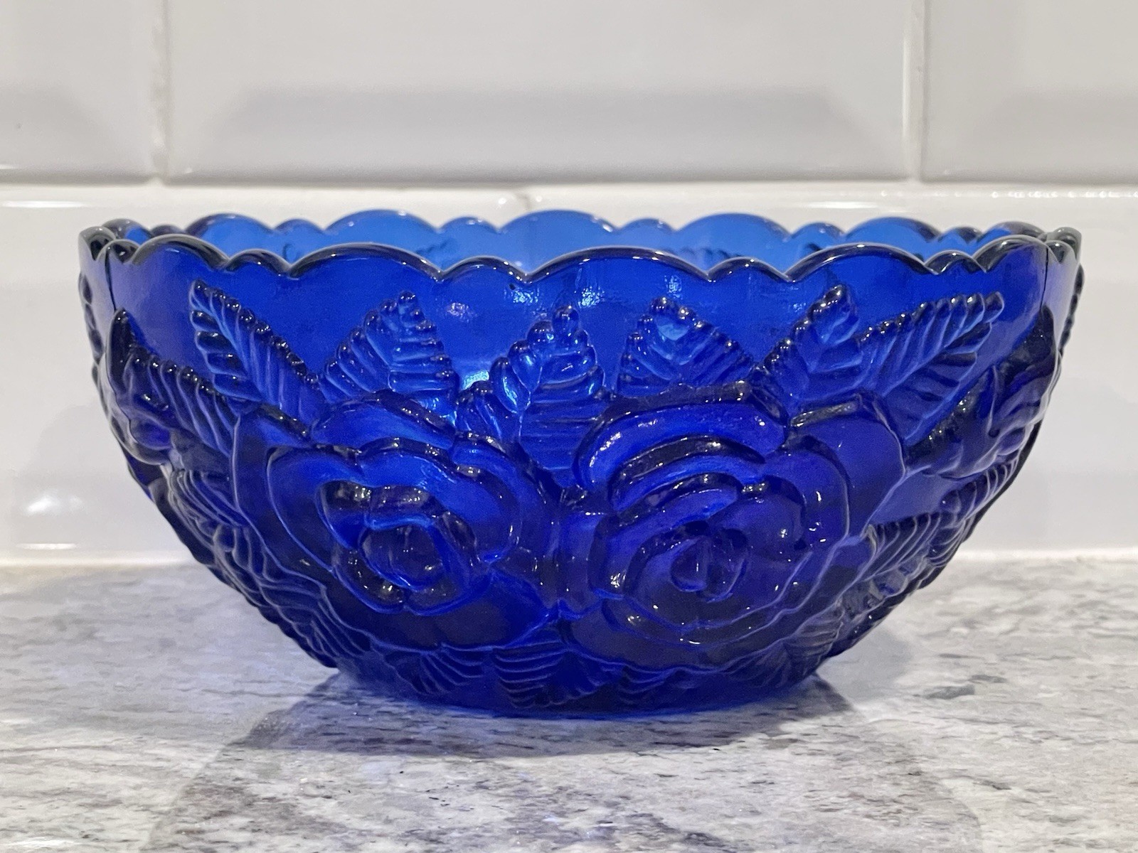 Vtg Cobalt Blue Bowl Candy Dish Trinket Scalloped Rim Flowers Roses Floral NL