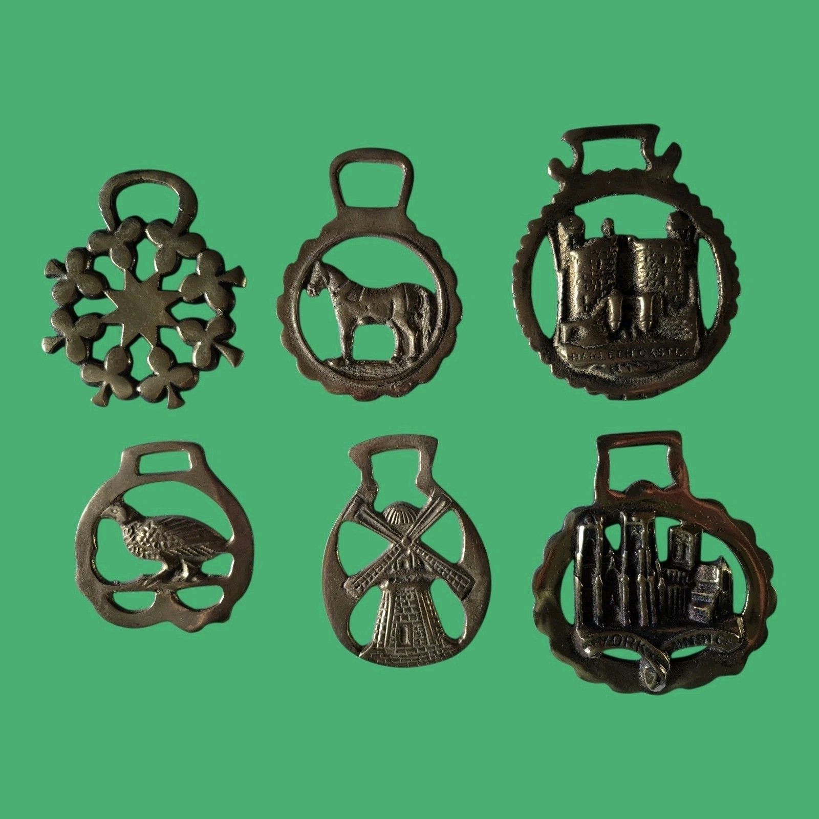 Vtg Solid Brass Horse Brasses Harlech Castle Windmill Equestrian Pub Decor Tack