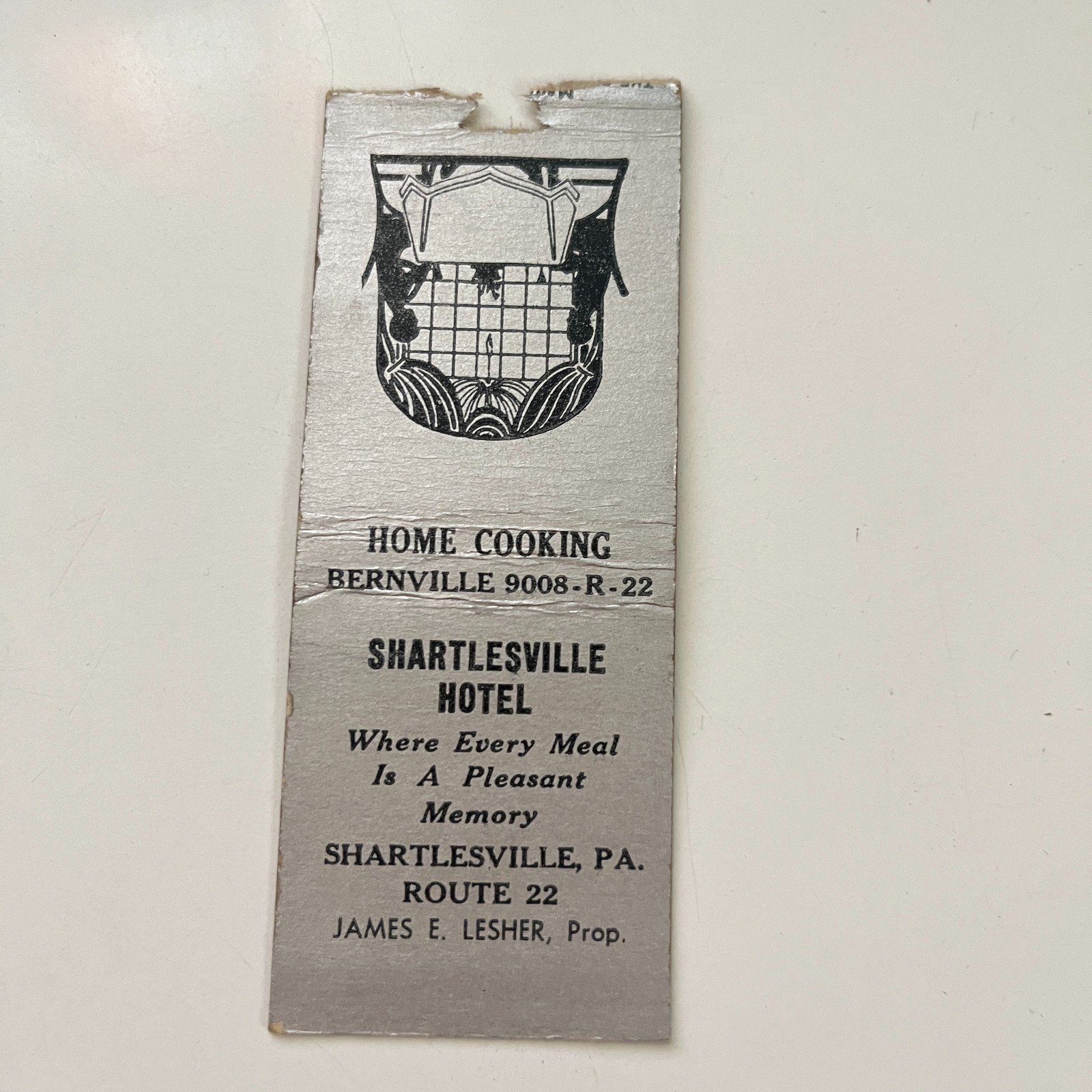 Shartlesville Hotel 1938 James E Lesher PA Vintage Matchbook Cover TMB84-6