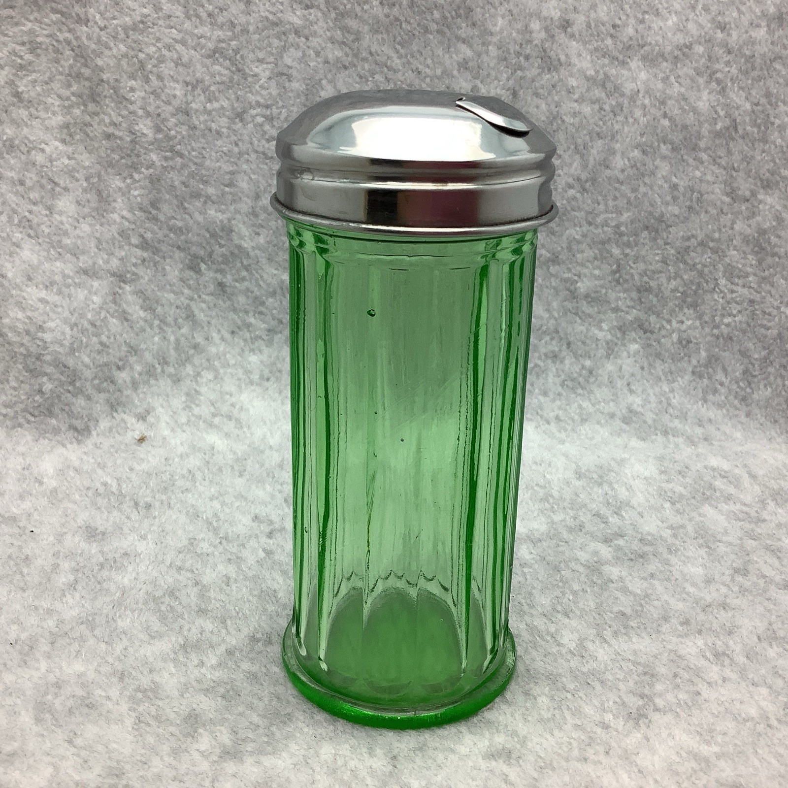 Vintage Green Depression Glass Sugar Dispenser w/ Metal Lids