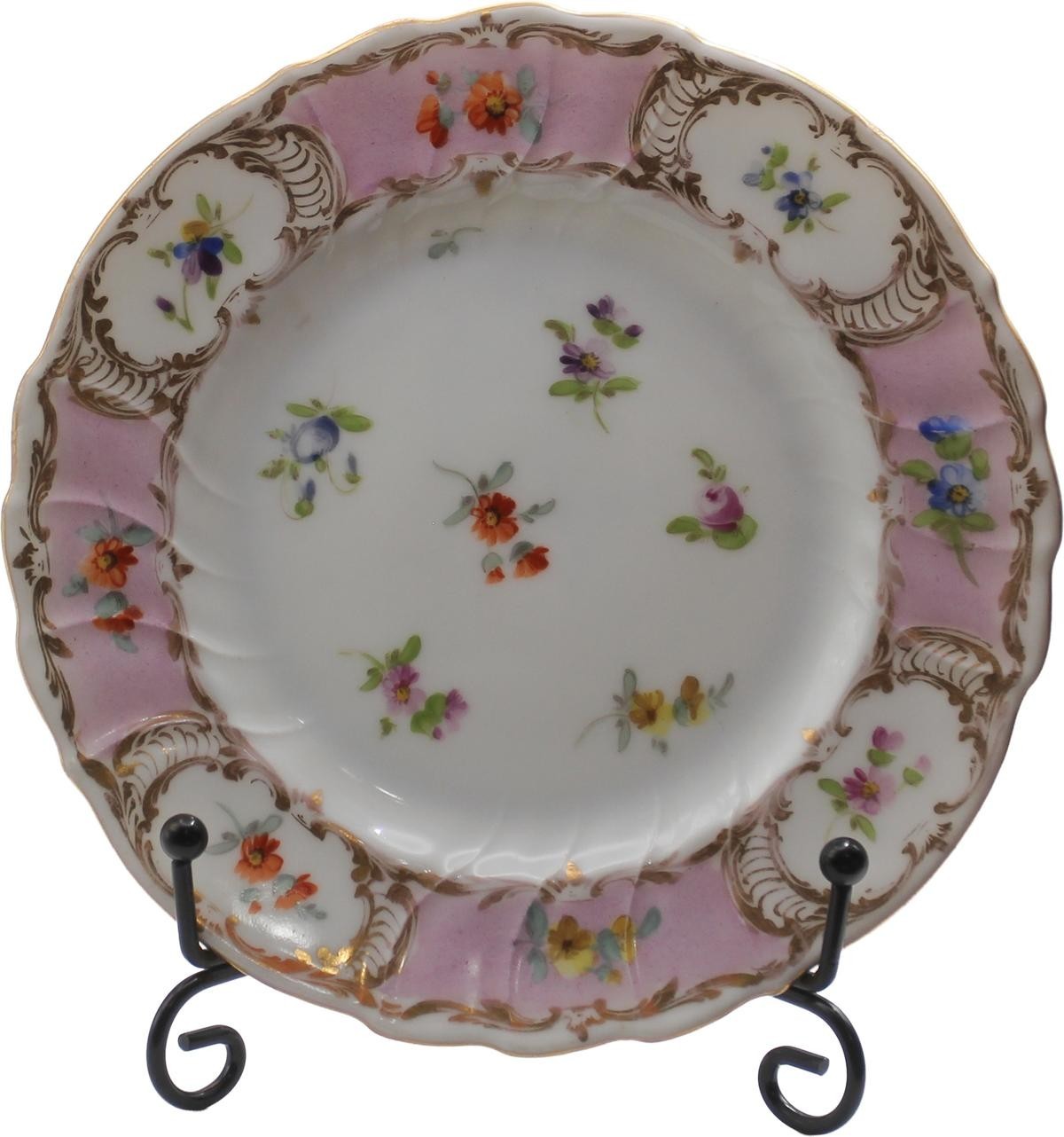 Antique Richard Klemm Dresden Porcelain 5  Plates Hand Painted Flowers Gilt Pair