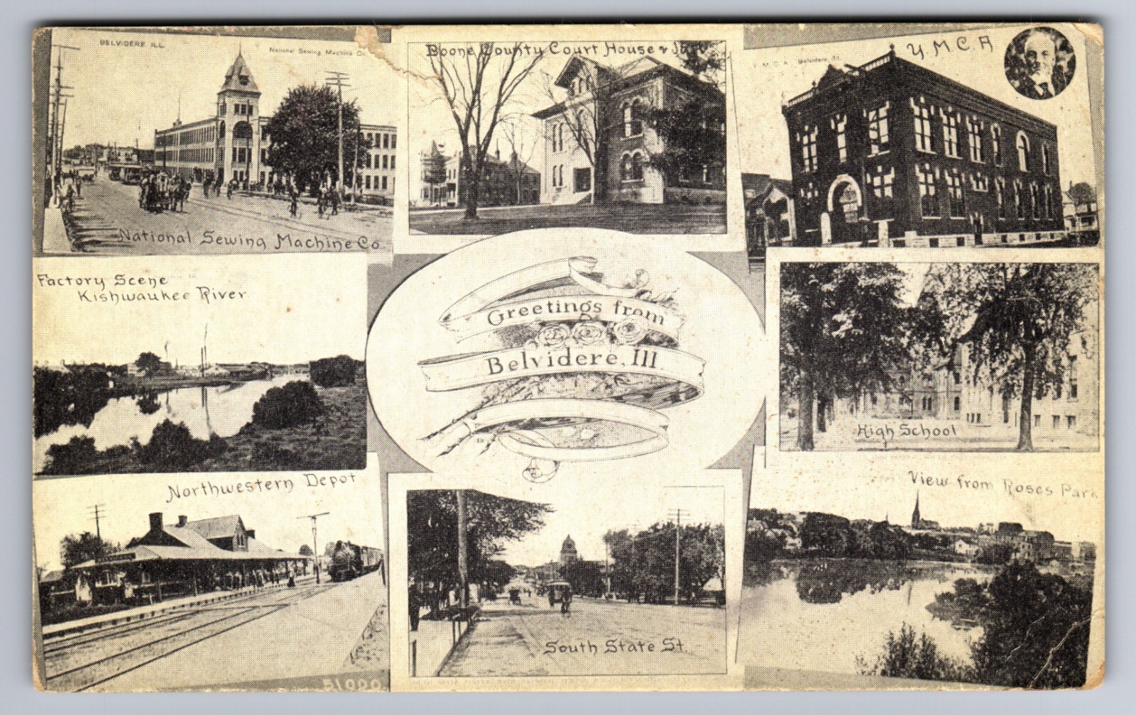 C.1910 BELVIDERE, IL, TRAIN DEPOT YMCA NATIONAL SEWING CO MULTIVIEW Postcard P40 C.1910 BELVIDERE, IL, TRAIN DEPOT YMCA NATIONAL SEWING CO MULTIVIEW Postcard P40