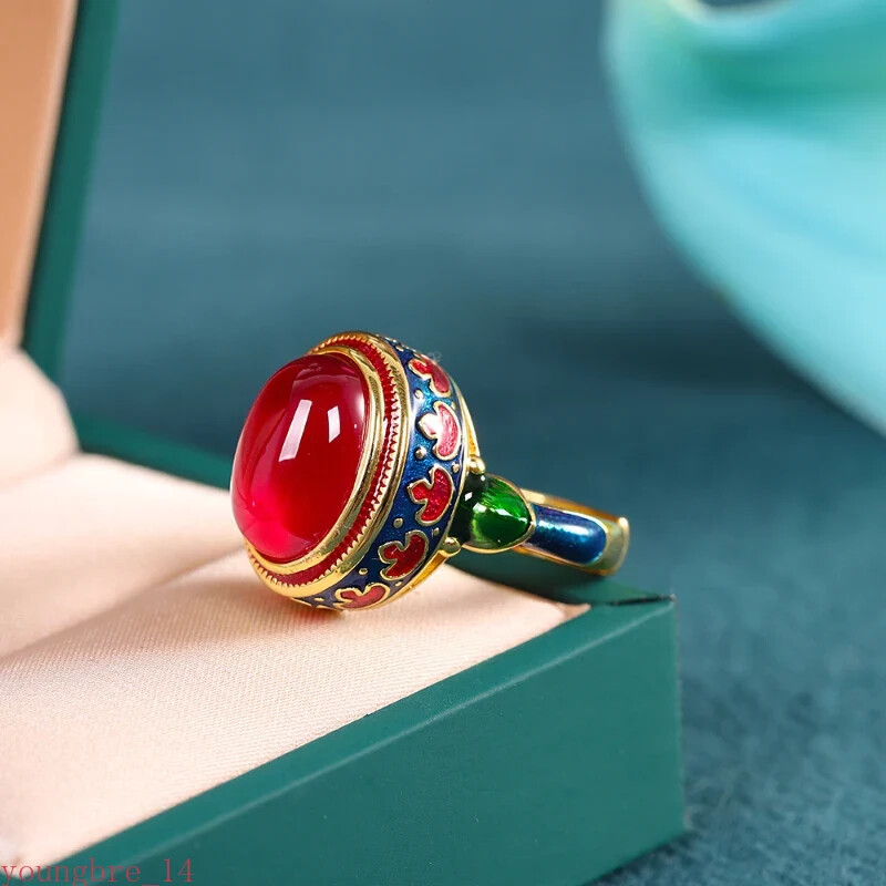 Refined Natural Agate Ring Enamel Ethnic Style Jewelry Handmade Vintage Gift -