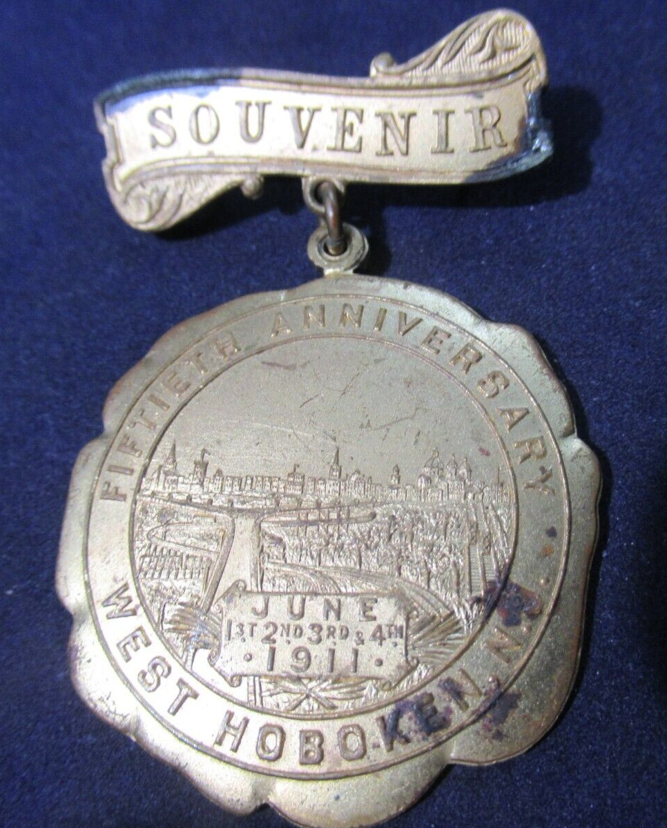 RARE 1911 West Hoboken NJ Souvenir Medal Pin, 50th Anniversary, June 1-4 1911