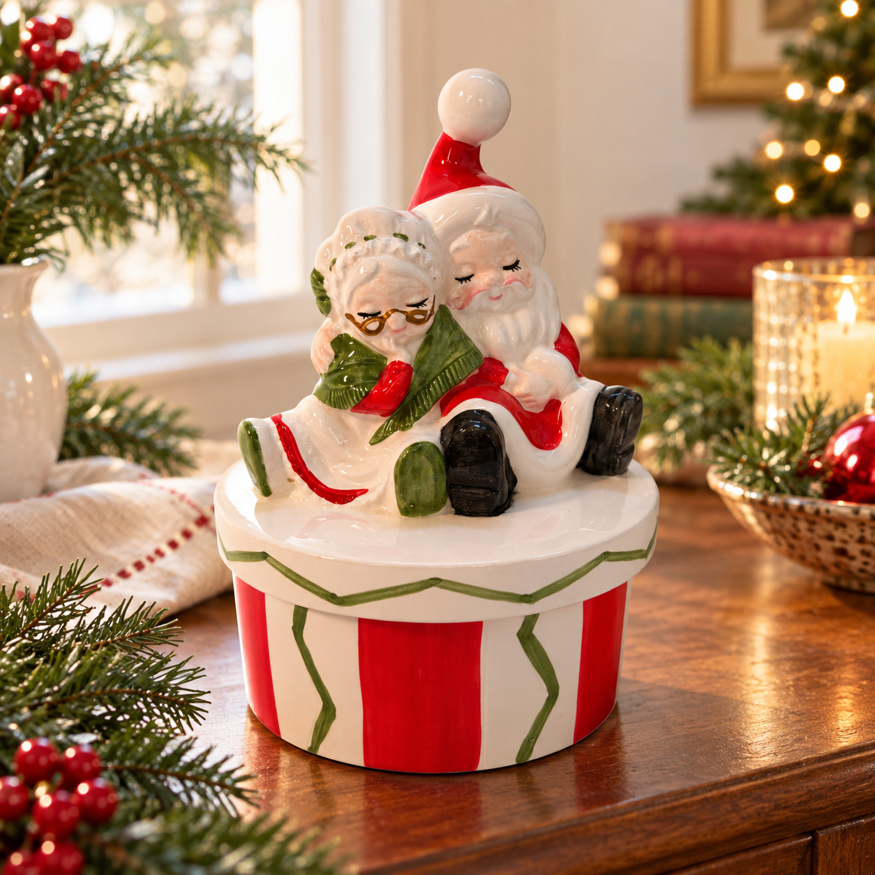 Vintage Lefton Santa Mrs Claus Lidded Candy Dish Christmas Container Japan 8 