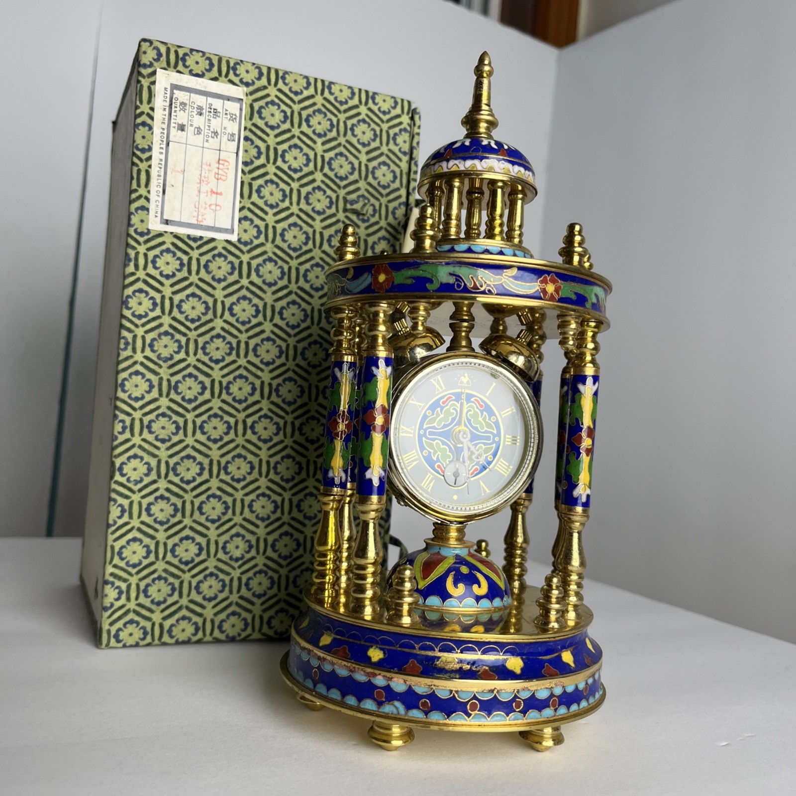 Vintage Chinese Cloisonné Brass Enamel Blue Mantle Clock Winds And Ticks READ
