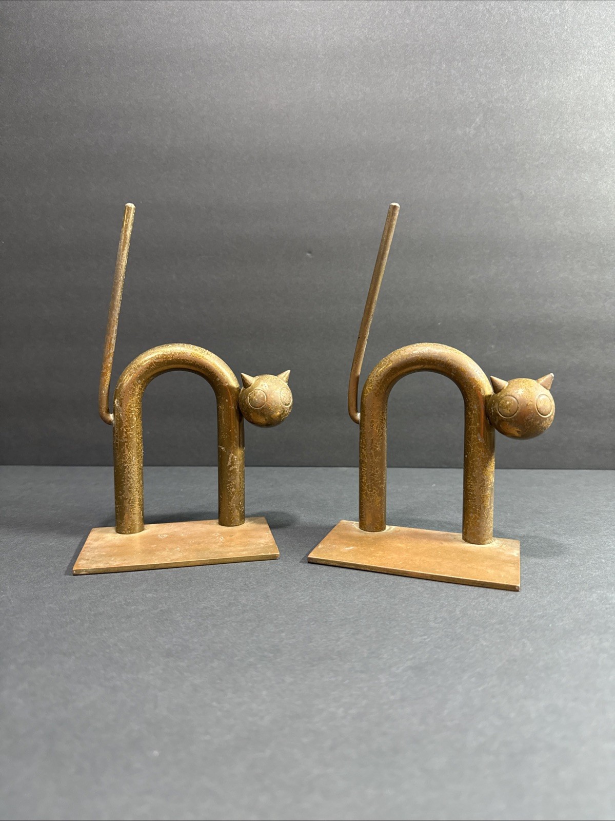 Copper Brass Cat sculpture Art Deco Bookends , Patina , Walter Von Nessen Chase?