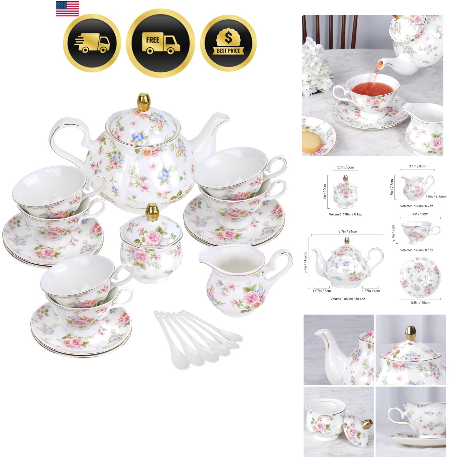 21 Pieces Pink Blue Floral Porcelain Tea Set with Gold Trim, British Style Co...