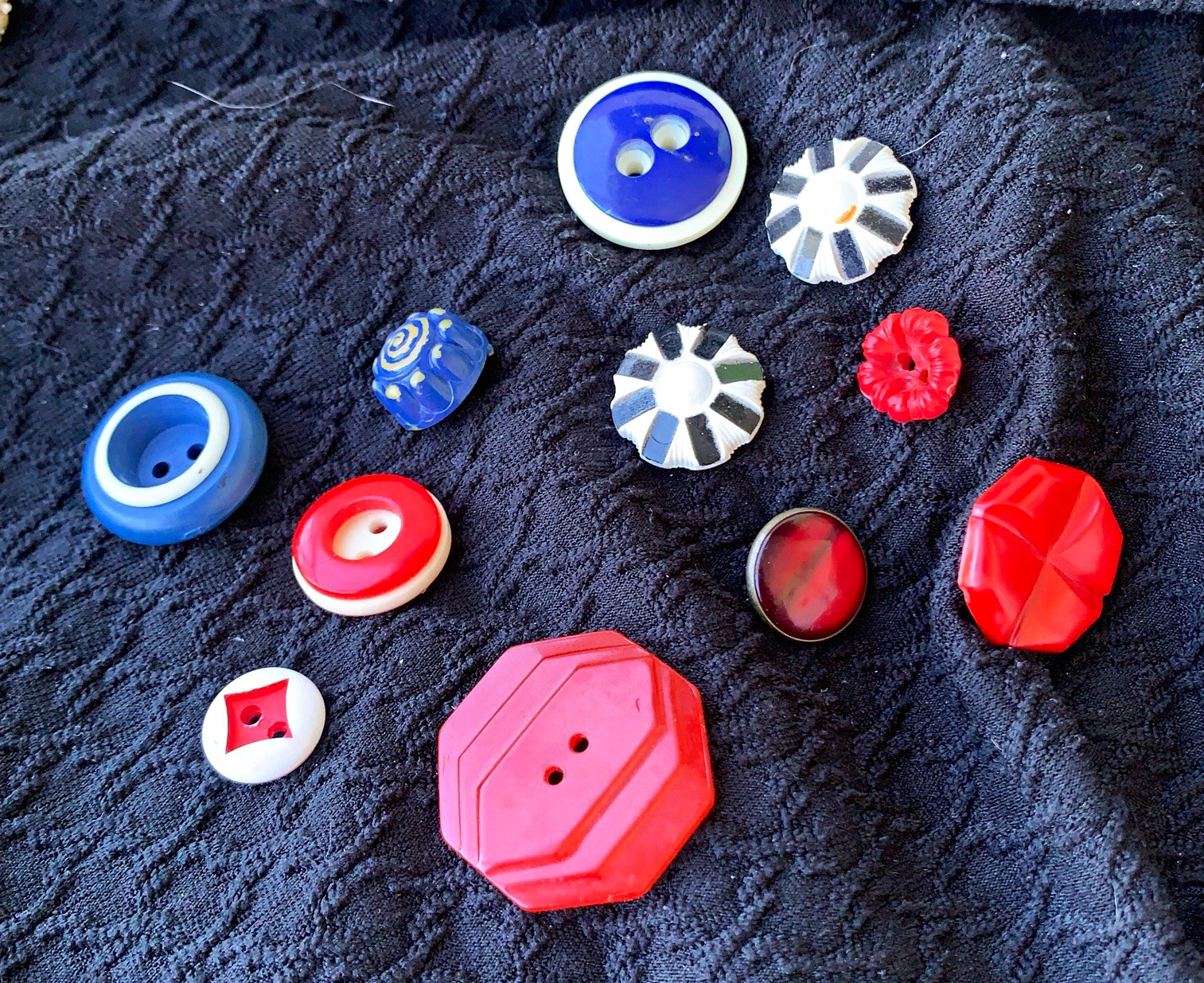 Vintage Buttons Lot of 11 Red White Blue Geometric Shank Sew Through Celluloid?