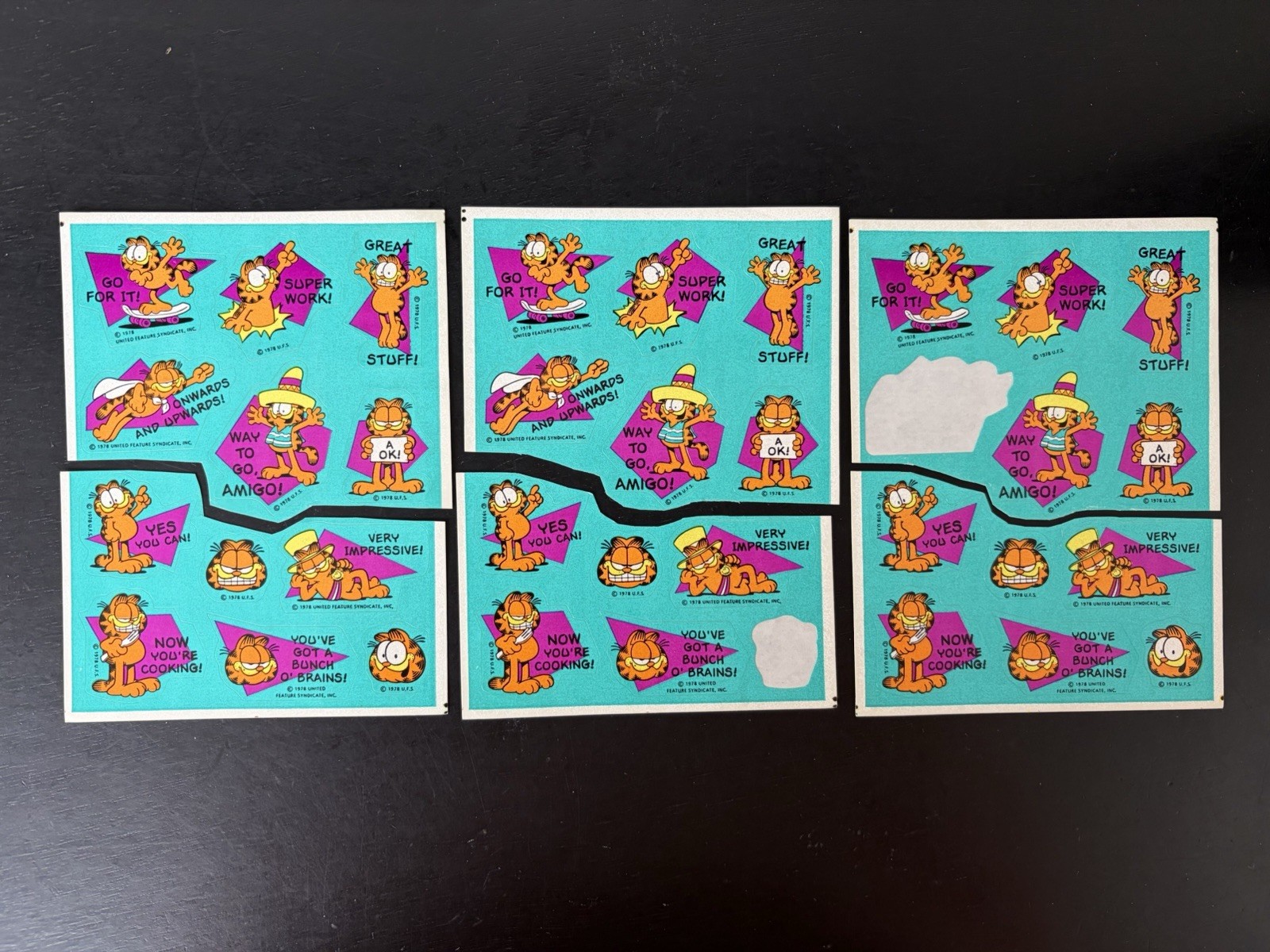 Vintage 1978 Garfield Stickers United Feature Syndicate Lot 3 Sliced Sheets -2