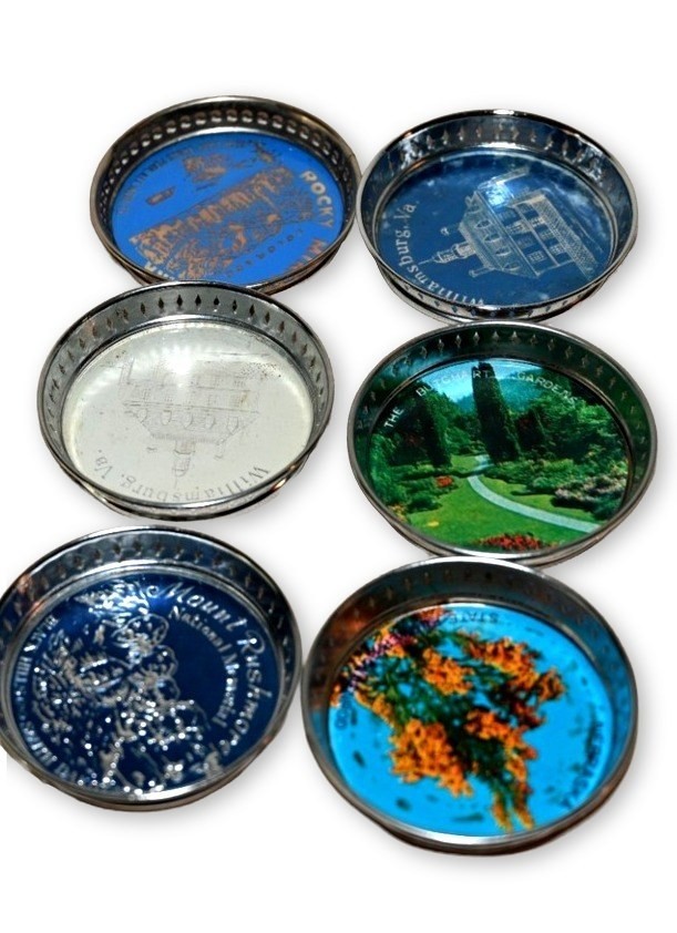Vintage Souvenir Glass Coasters Set of 6 Chrome Rim Made in Japan Travel States