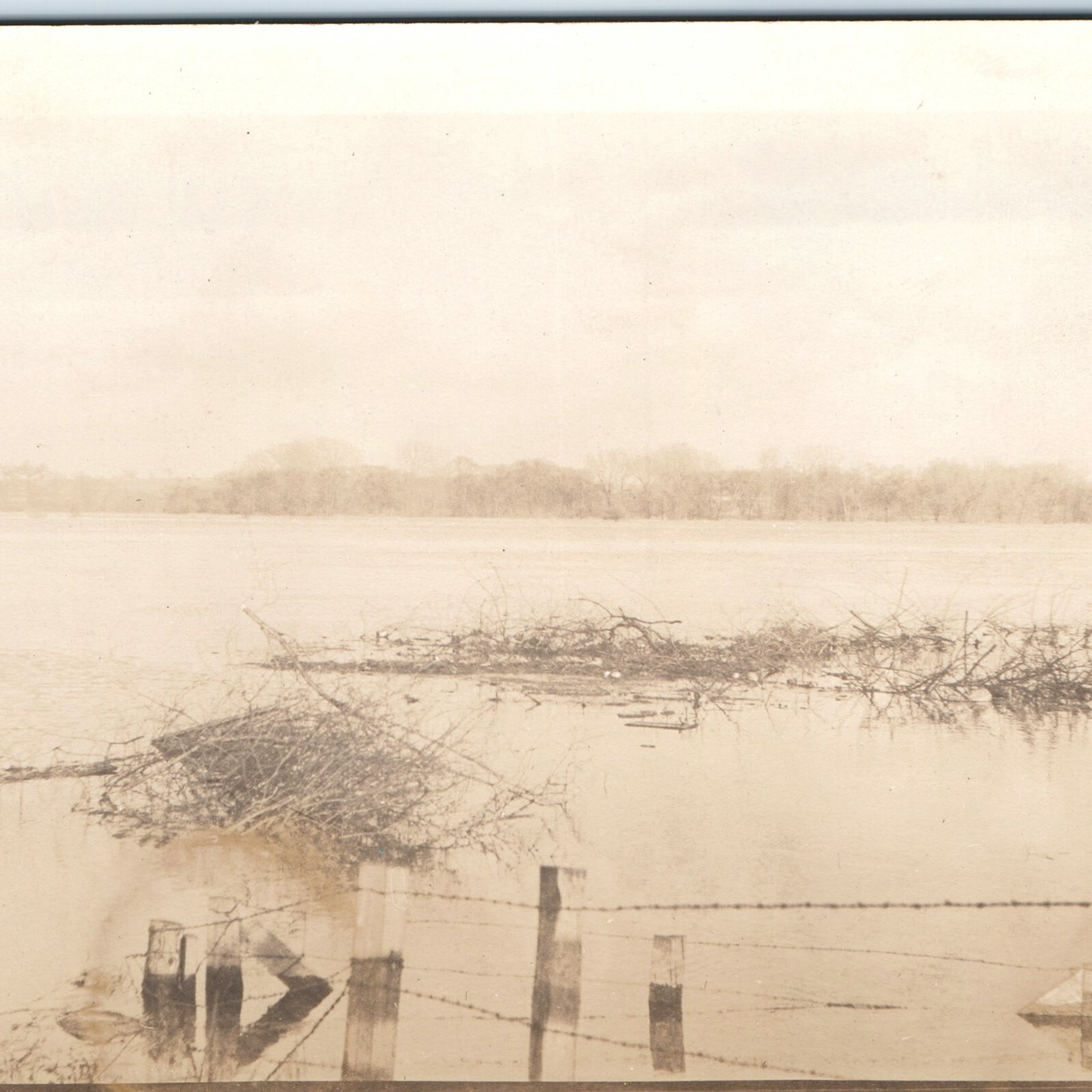 c1910s Flooded River RPPC Postcard Barbed Wire Fence Swollen Waters Landscape