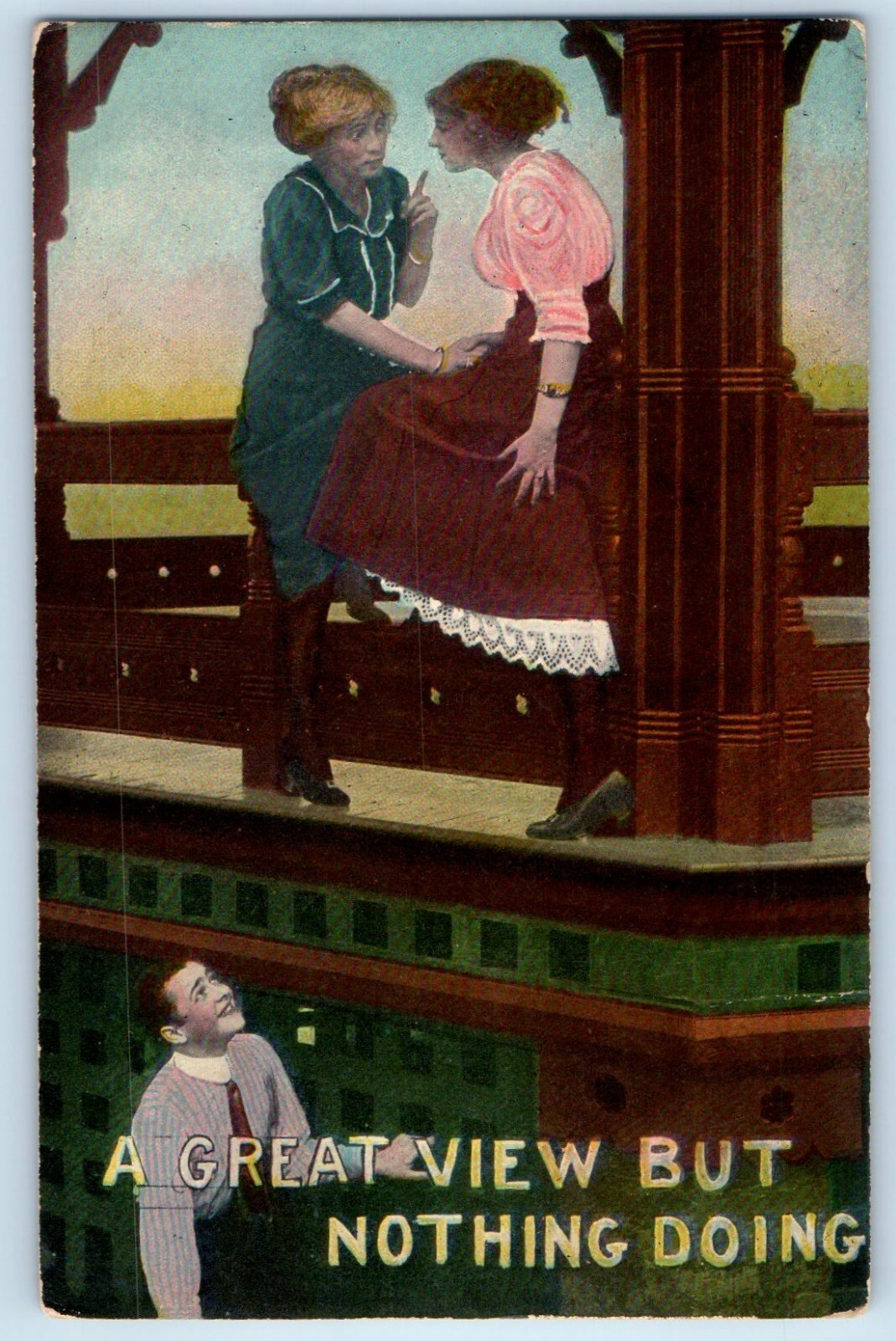 Humor Postcard Man Peeping Tom A Great View But Nothing Doing c1910's Antique
