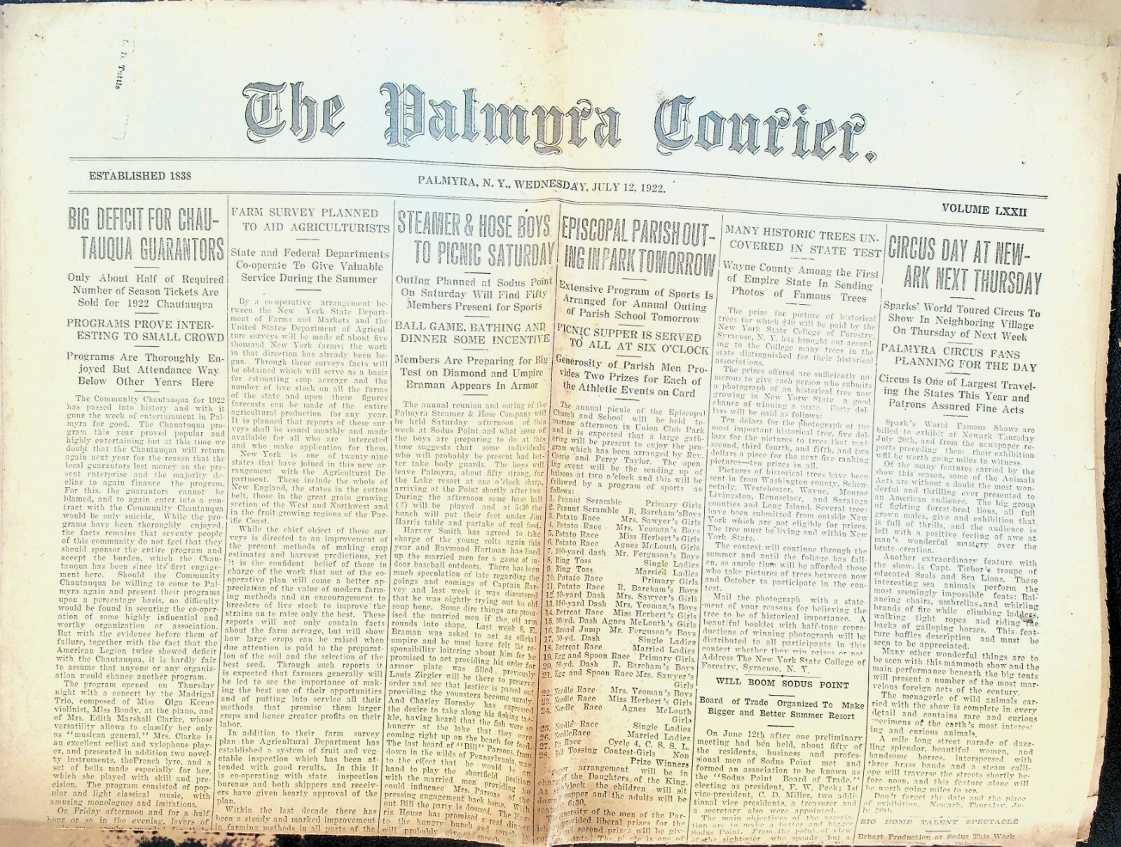 Palmyra Courier July 12 1922 Irish Free State Christy Mathewson Lynching 
