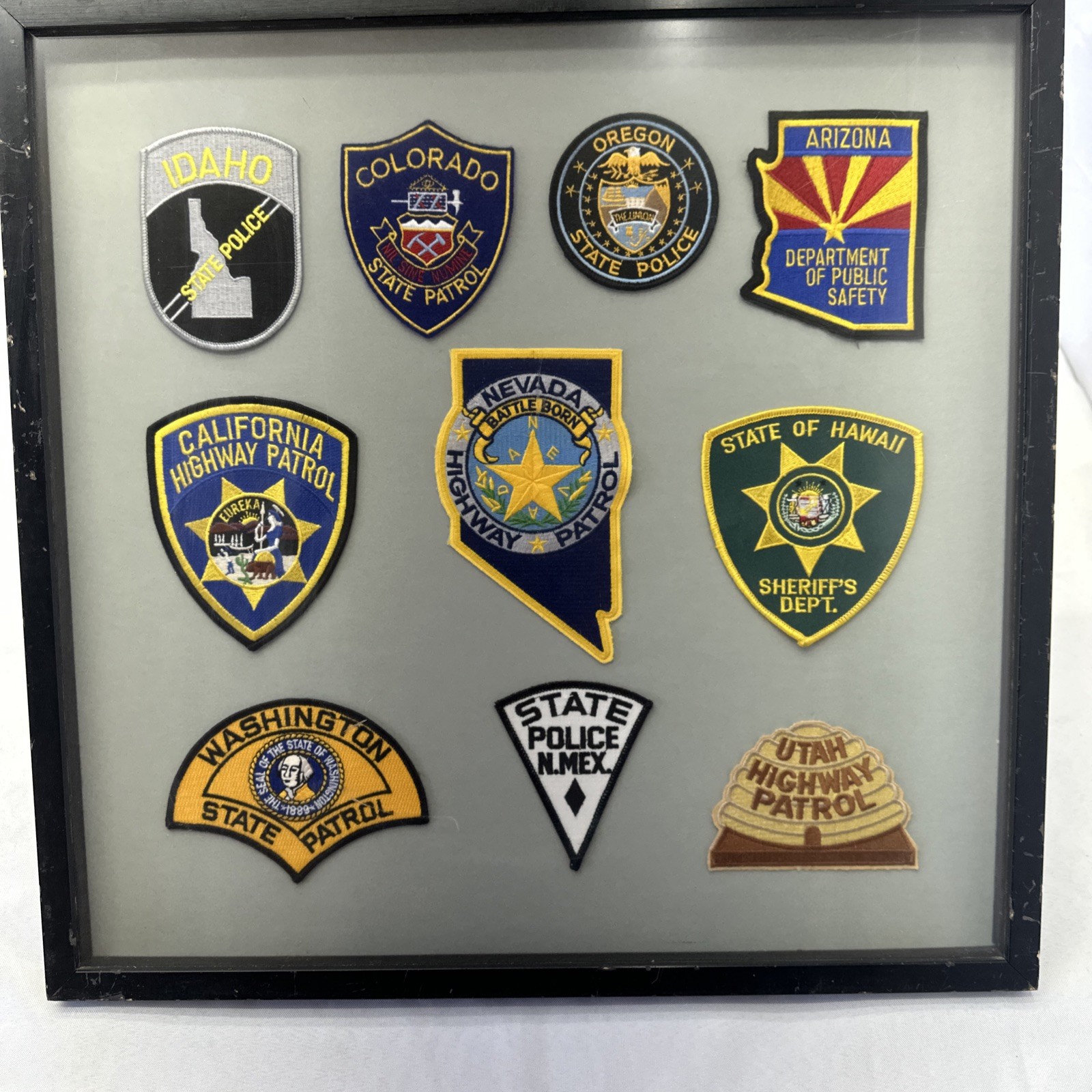 Vintage Western US State Patrol Police Patch Collection Framed Display 19”X18”