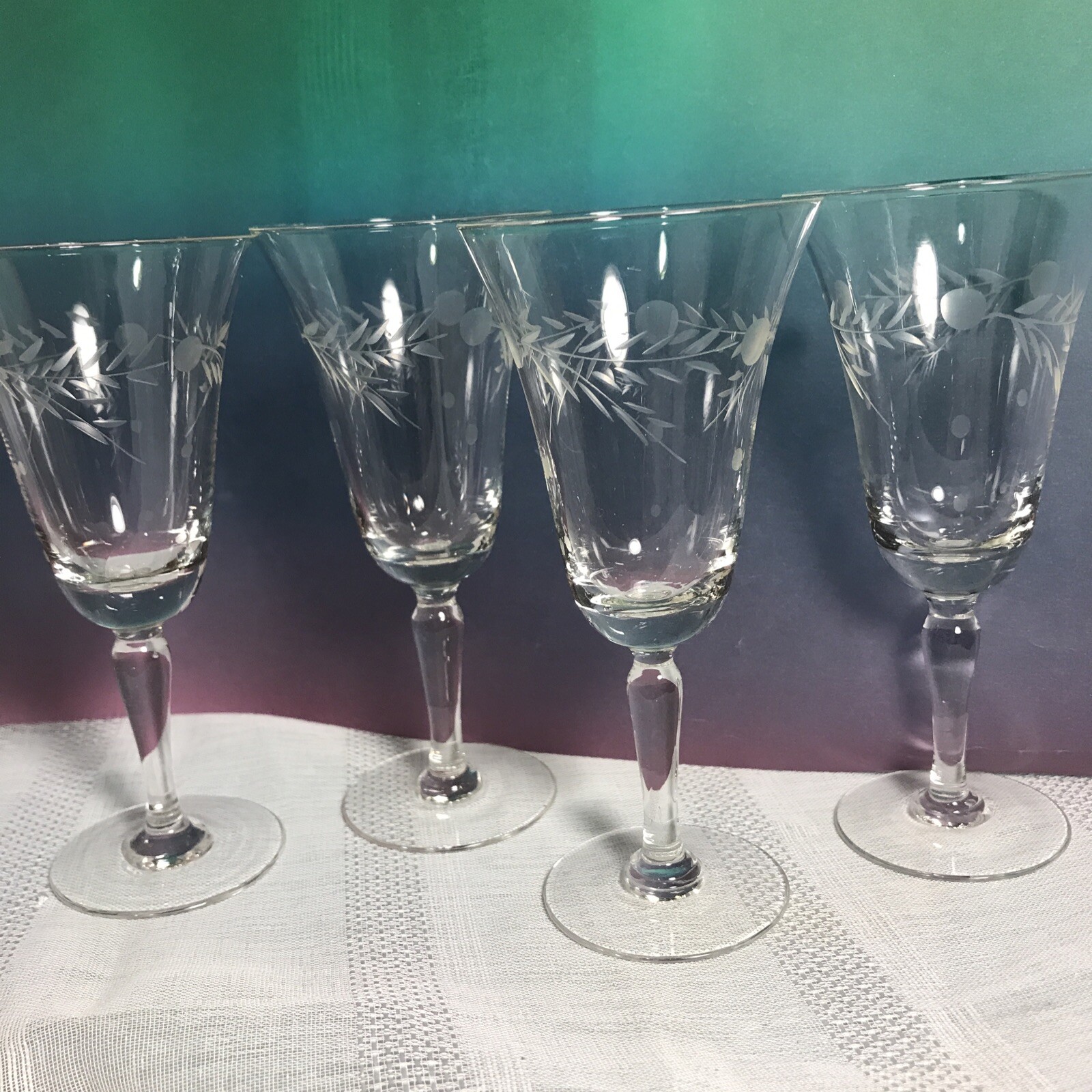 ETCHED CORDIAL Liqueur Shot Set of 4 Cocktail VTG Stemware Frost Glasses Estate