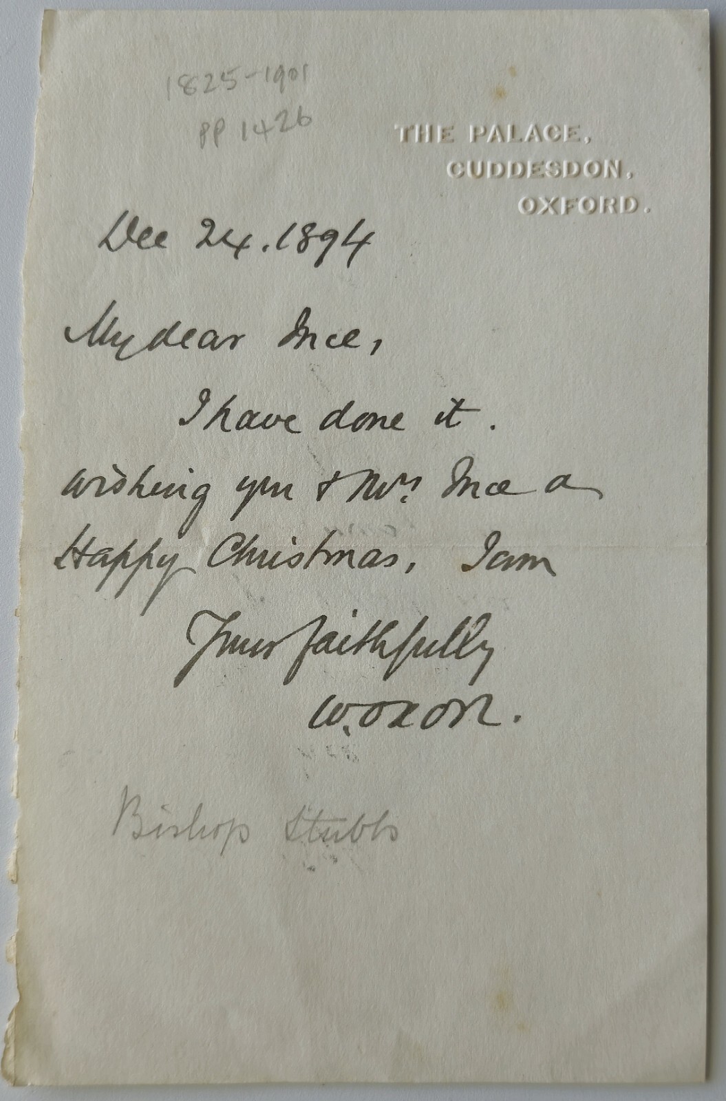Right Reverend Bishop William Stubbs Autograph Cuddesdon Palace Merry Christmas