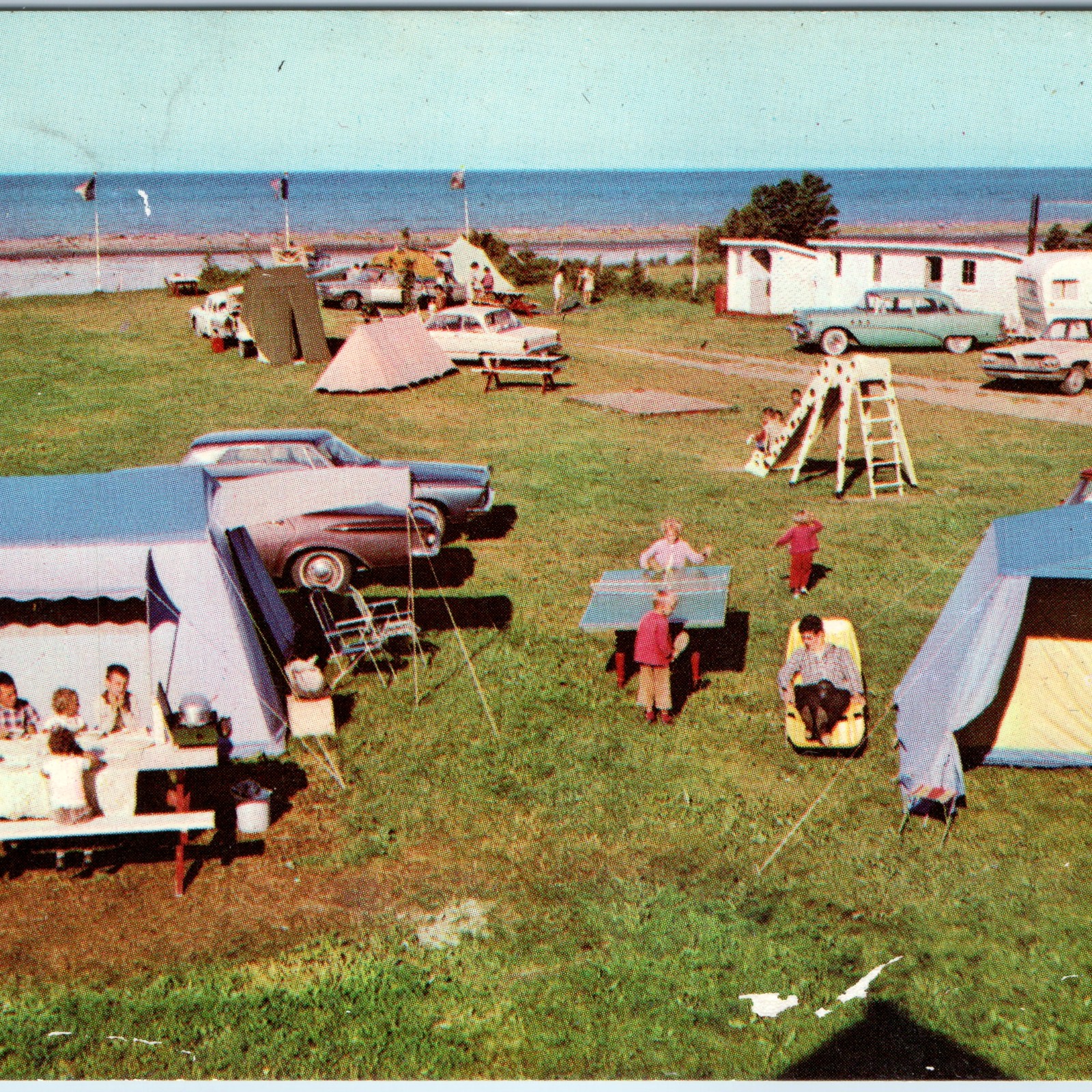 c1960s Bonaventure QC Postcard Camping Au P\'tit Ruisseau Tents Vintage Car Gaspe