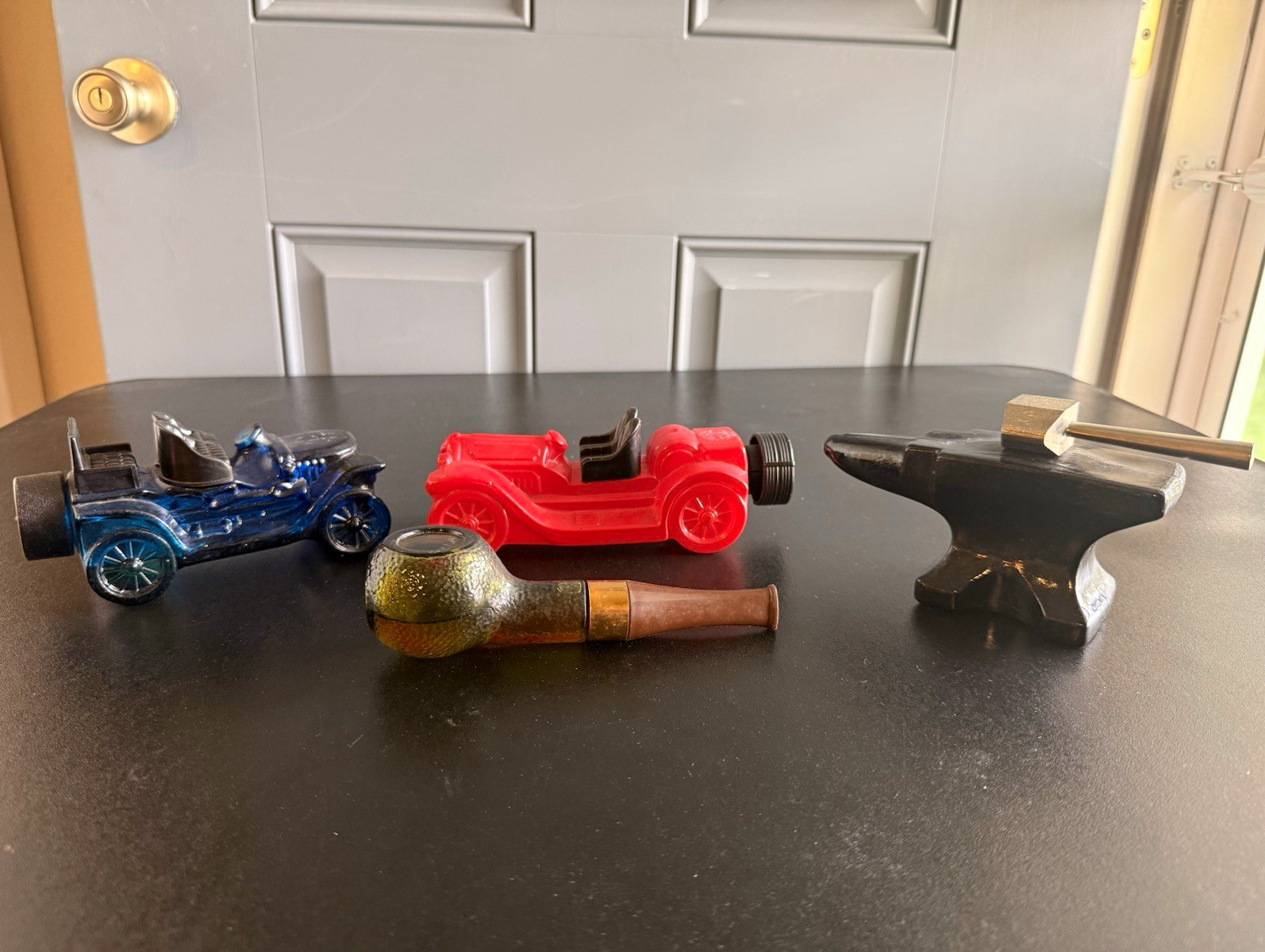 Avon Lot of 4 Glass After Shave Bottles Screw Cap Novelty Car/Pipe/Anvil