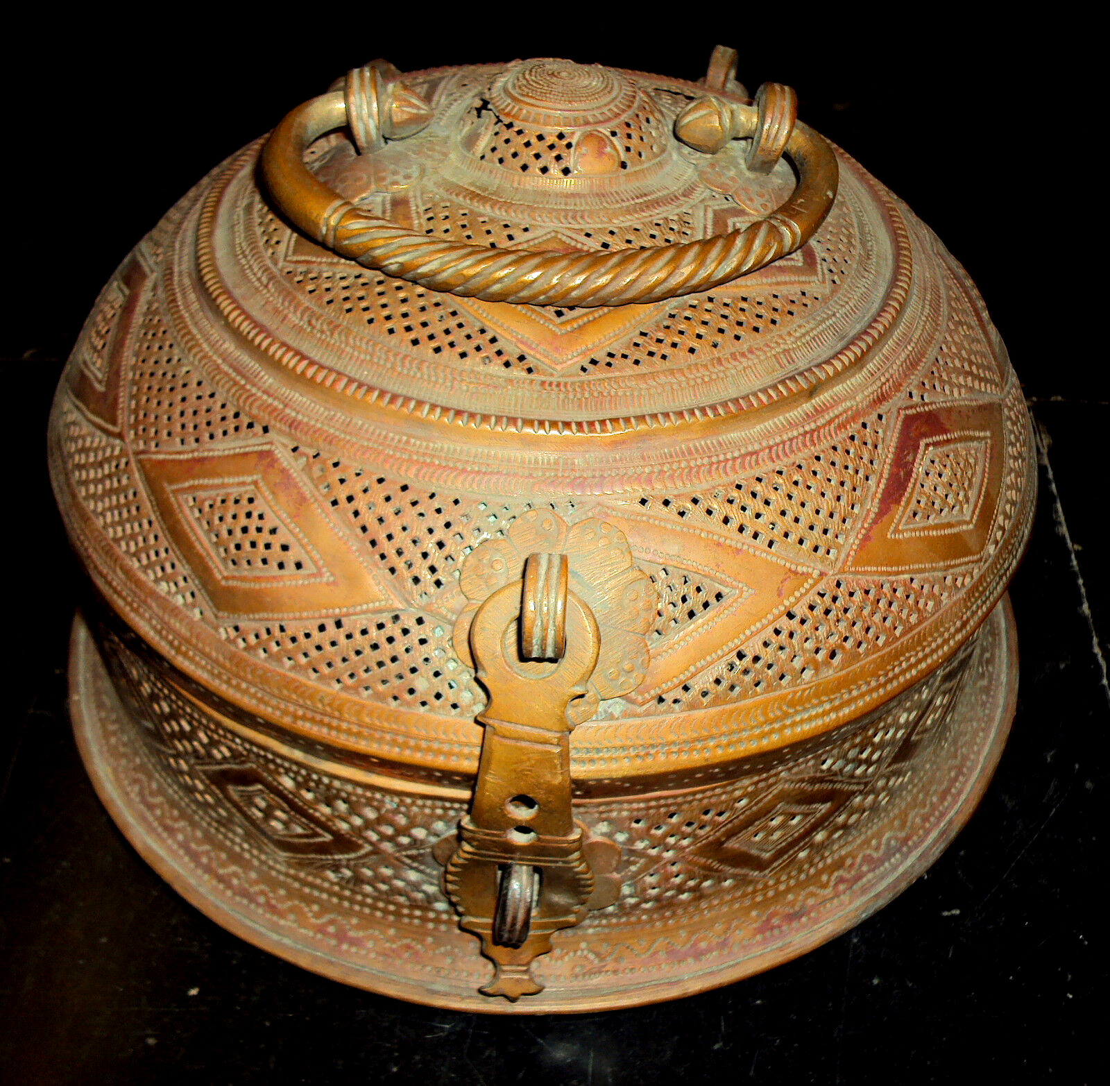 Antique Indian Islamic Old Copper Hand Carved Jewellery Box Jali Box Net Design