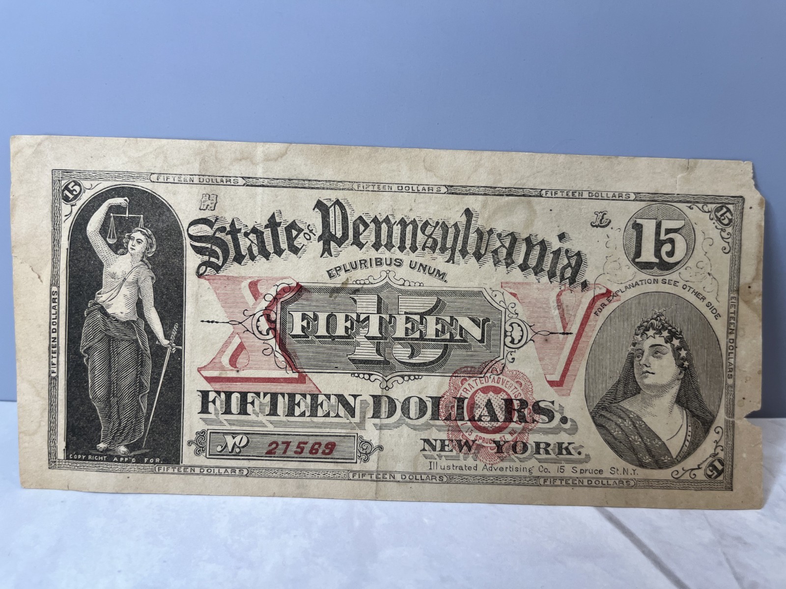 Rare 1800s $15 Centralia PA Robert Bryson Dry Goods ILLUSTRATED ADVERTISING NOTE