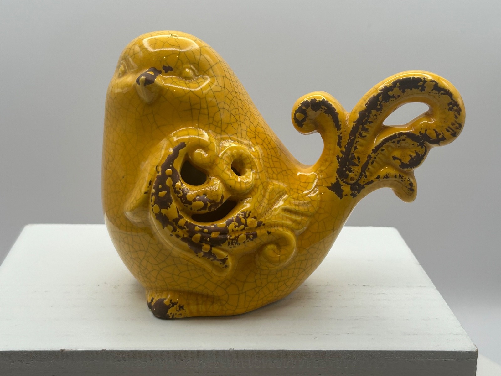 Crackle rustic mustard yellow ceramic bird figurine
