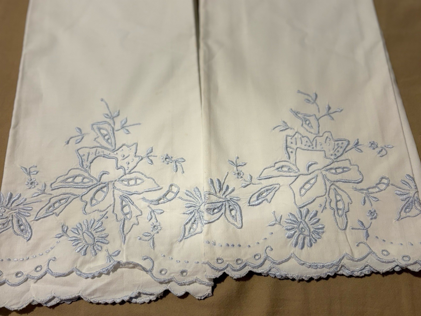 ⁠2 Vintage 1950s Blue Cutwork Embroidery Pillowcases NOS Scalloped Eyelet Hem⁠