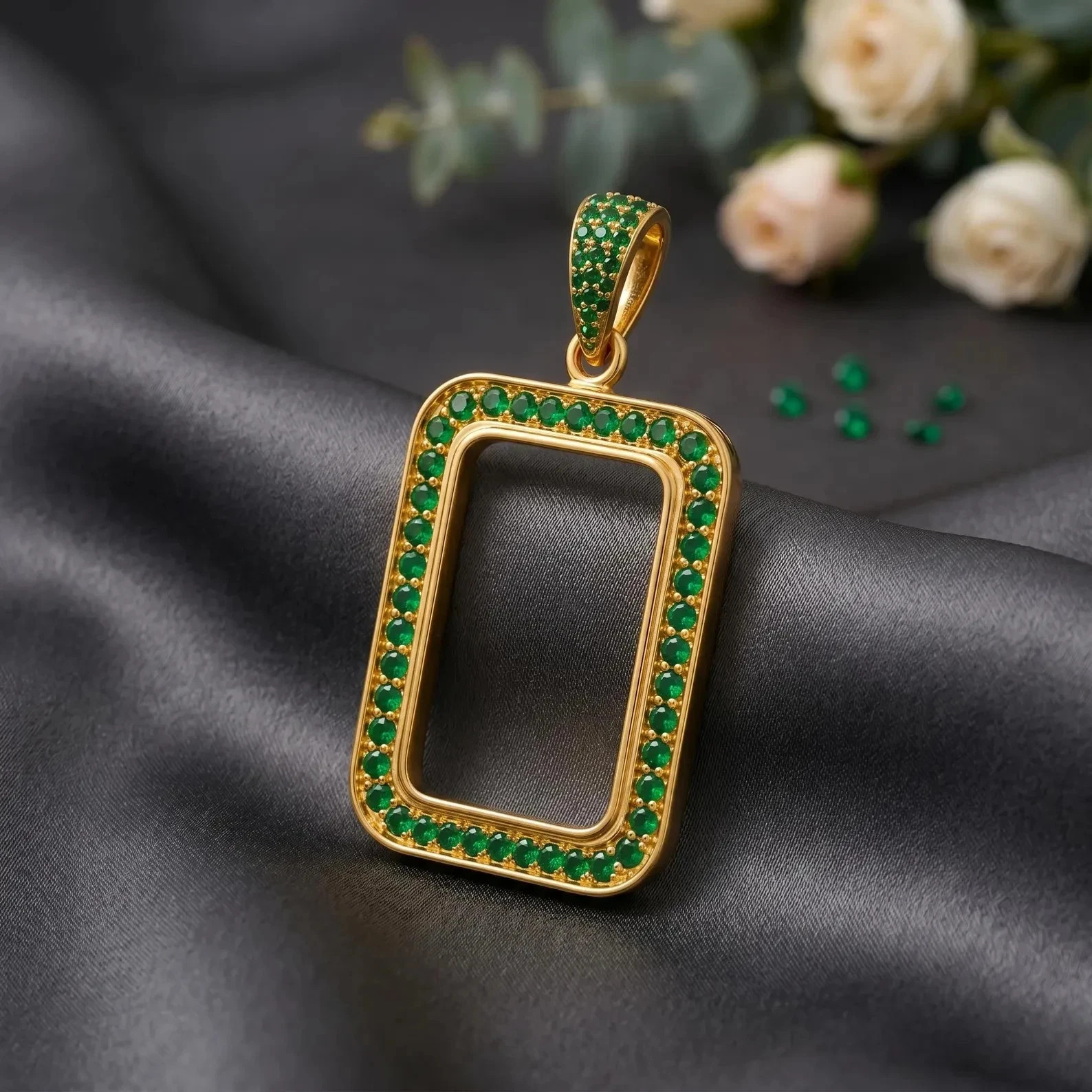 Elegant Men\'s Emerald Halo Bar Frame Pendant Only In 14k Yellow Gold Plated