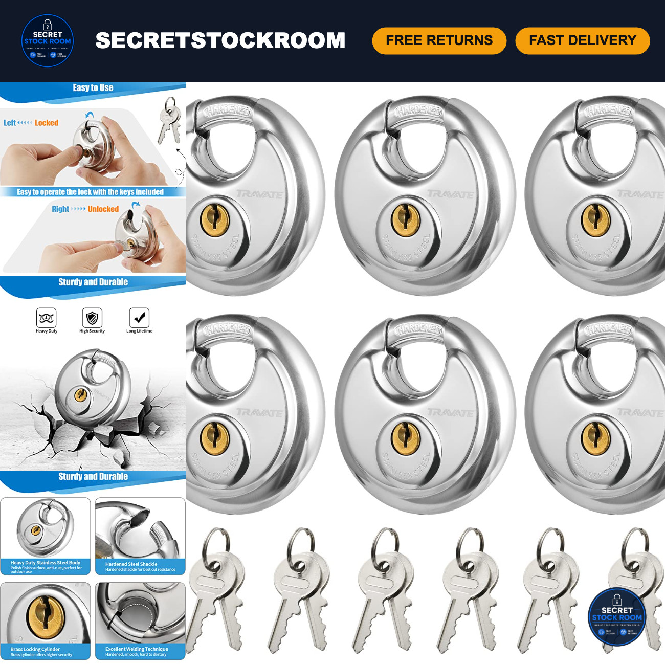 6PCS Stainless Steel Disc Padlock Set, 2-3/4